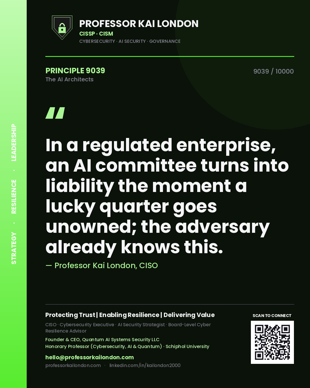 Quote card by Professor Kai London reading 'In a regulated enterprise, an AI committee turns into liability the moment a lucky quarter goes unowned; the adversary already knows this.'. From the book The AI Architects.