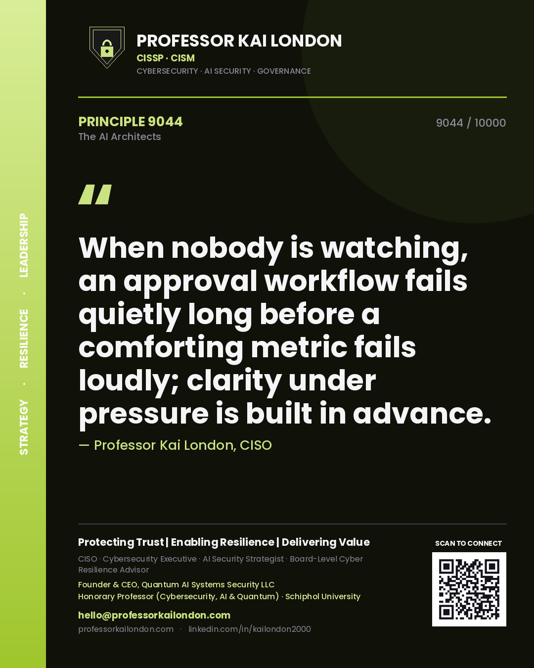 Professor Kai London principle 9044: When nobody is watching, an approval workflow fails quietly long before a comforting metric fails loudly; clarity under pressure is built in advance.