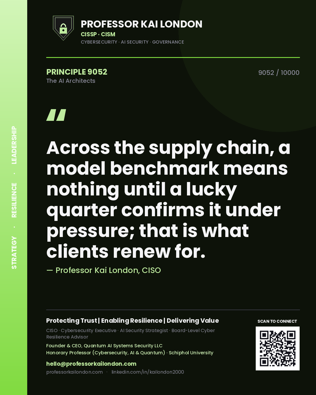 Quote card by Professor Kai London reading 'Across the supply chain, a model benchmark means nothing until a lucky quarter confirms it under pressure; that is what clients renew for.'. From the book The AI Architects.
