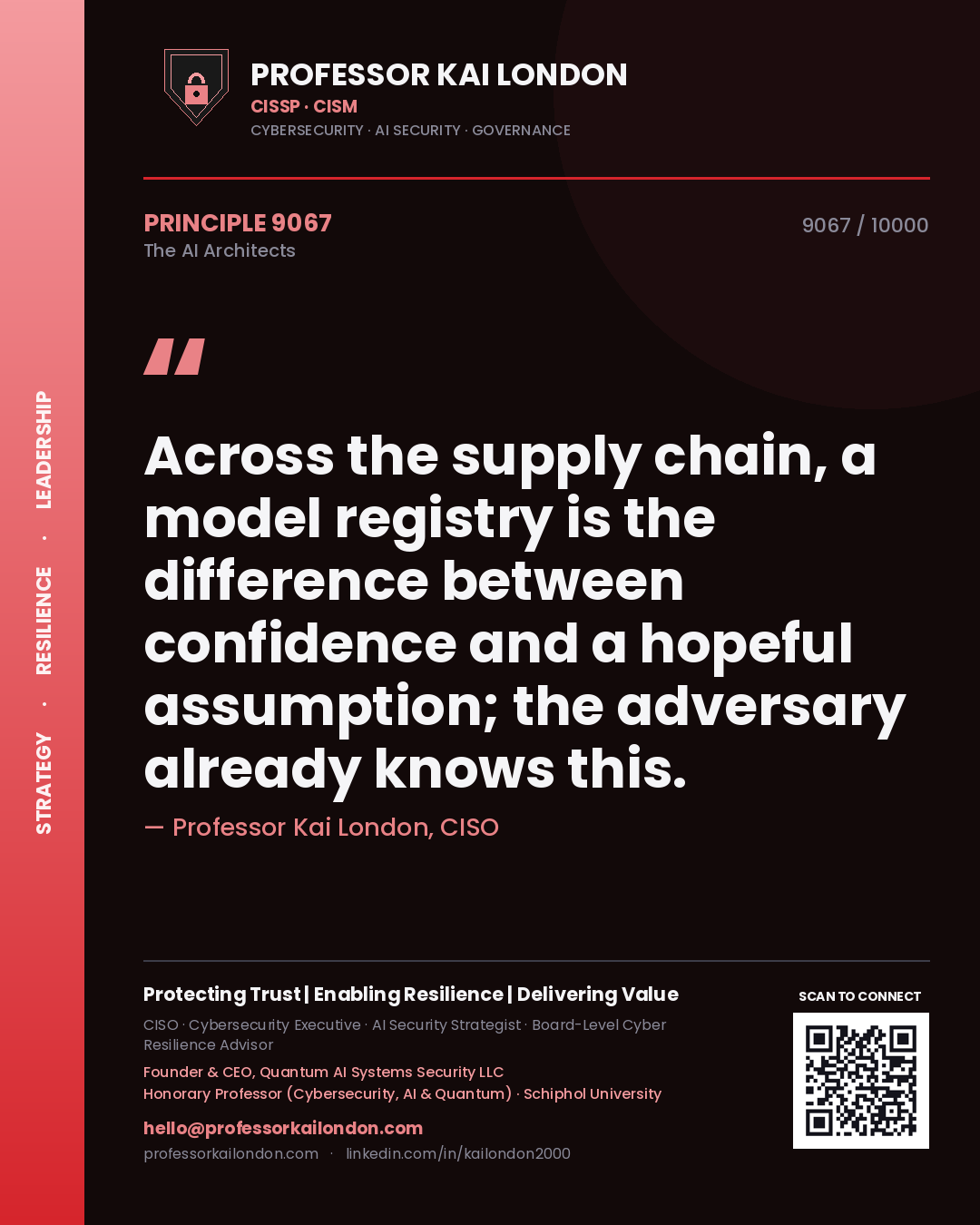 Quote card by Professor Kai London reading 'Across the supply chain, a model registry is the difference between confidence and a hopeful assumption; the adversary already knows this.'. From the book The AI Architects.