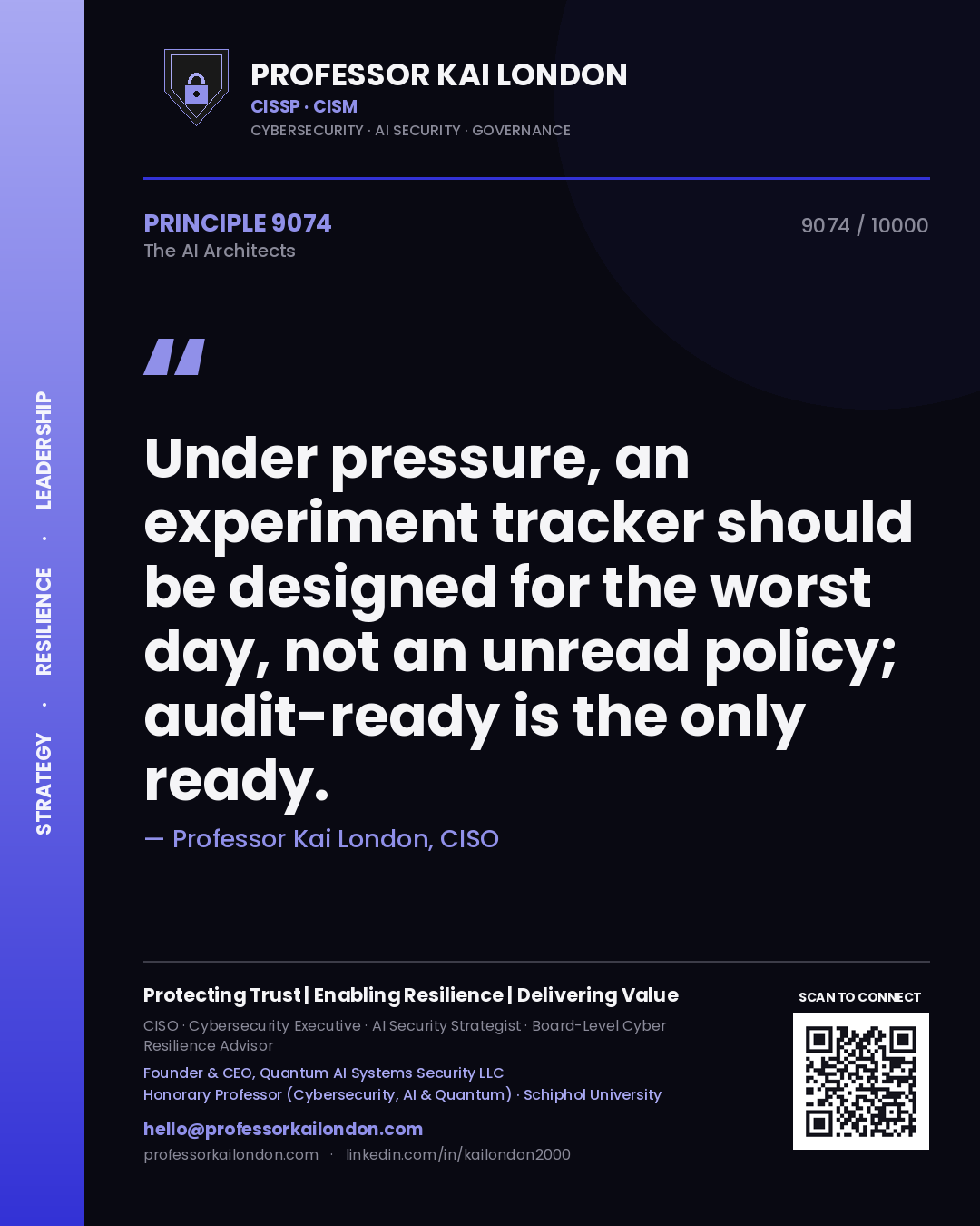 Professor Kai London principle 9074: Under pressure, an experiment tracker should be designed for the worst day, not an unread policy; audit-ready is the only ready.