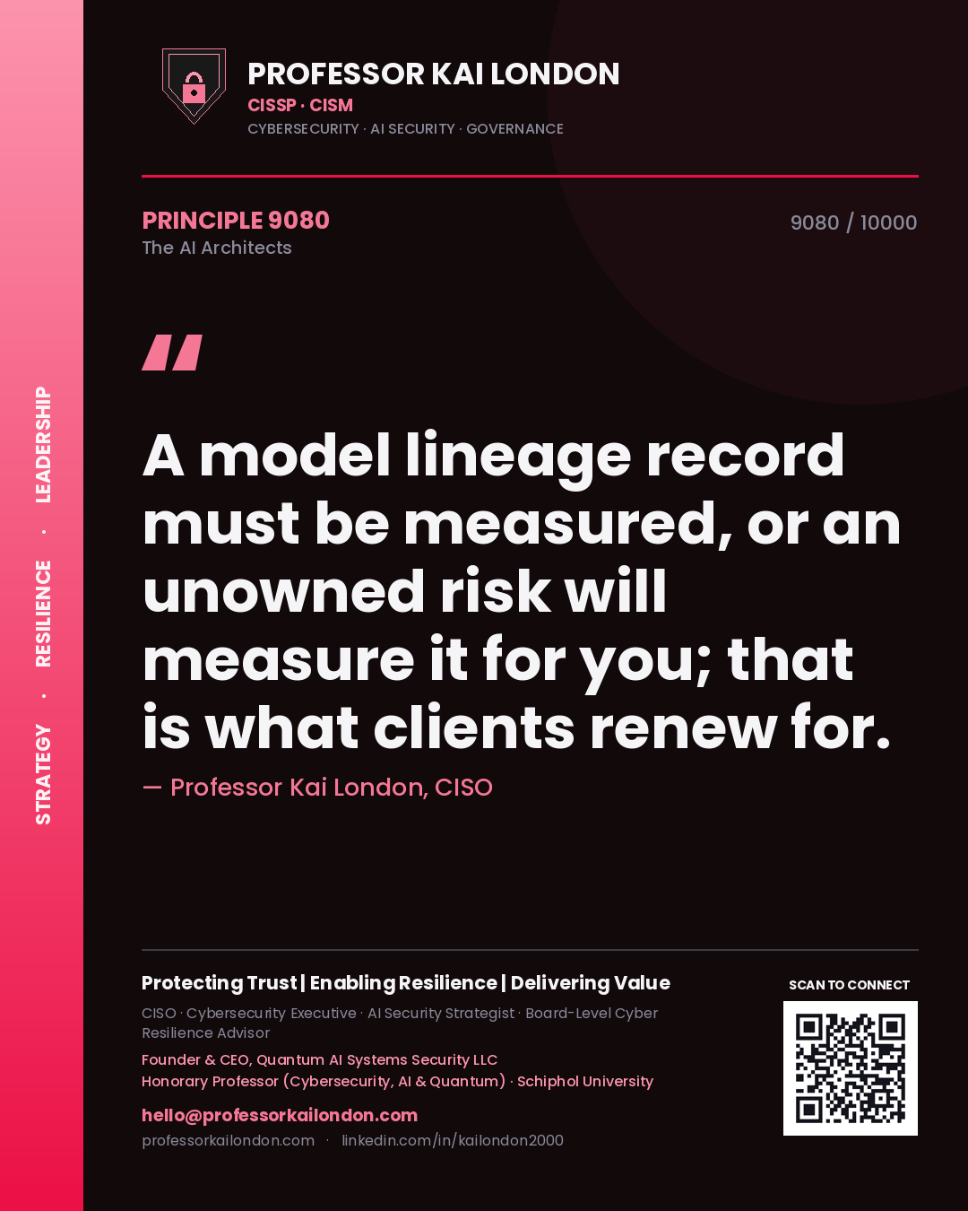 Professor Kai London principle 9080: A model lineage record must be measured, or an unowned risk will measure it for you; that is what clients renew for.