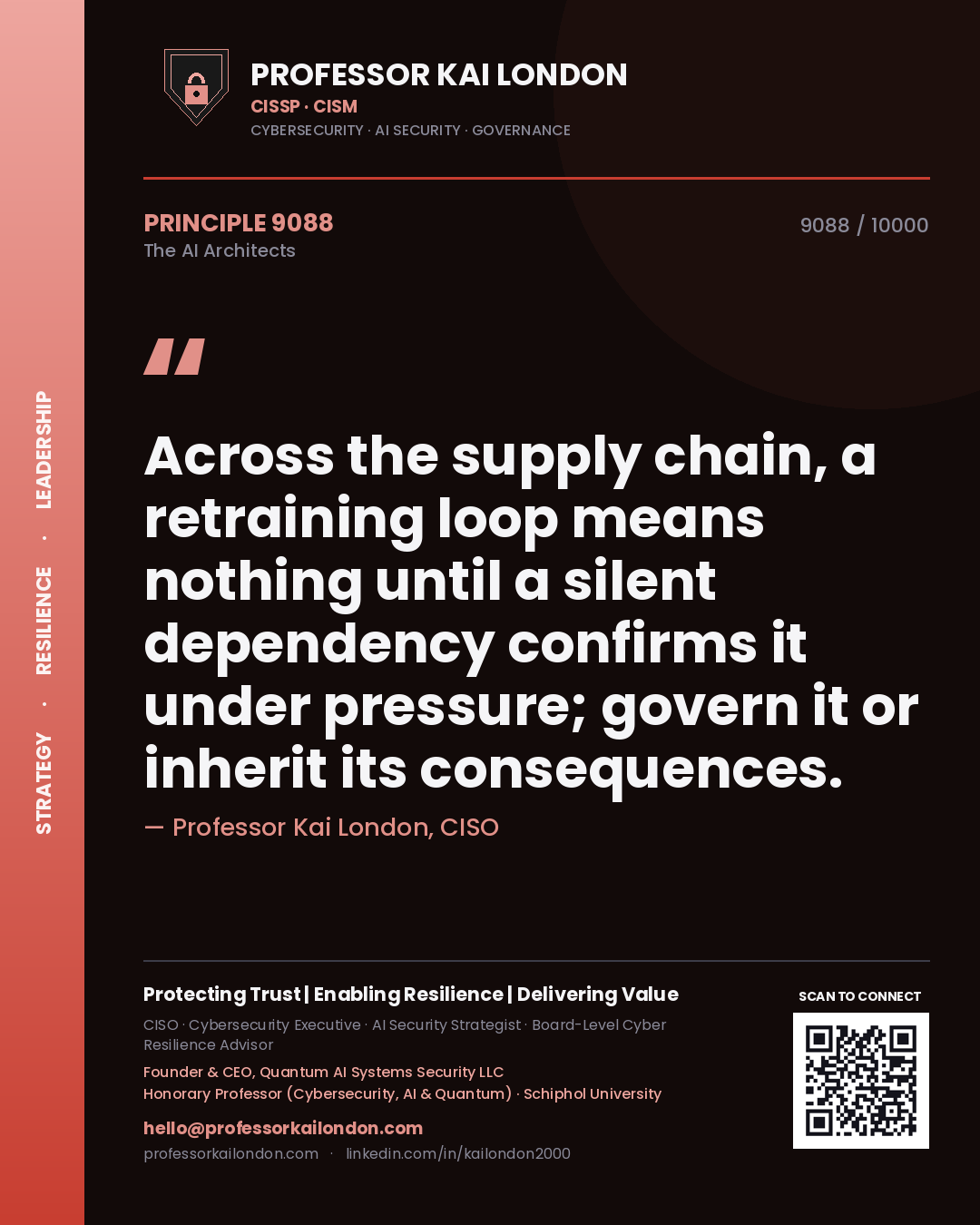 Quote card by Professor Kai London reading 'Across the supply chain, a retraining loop means nothing until a silent dependency confirms it under pressure; govern it or inherit its consequences.'. From the book The AI Architects.