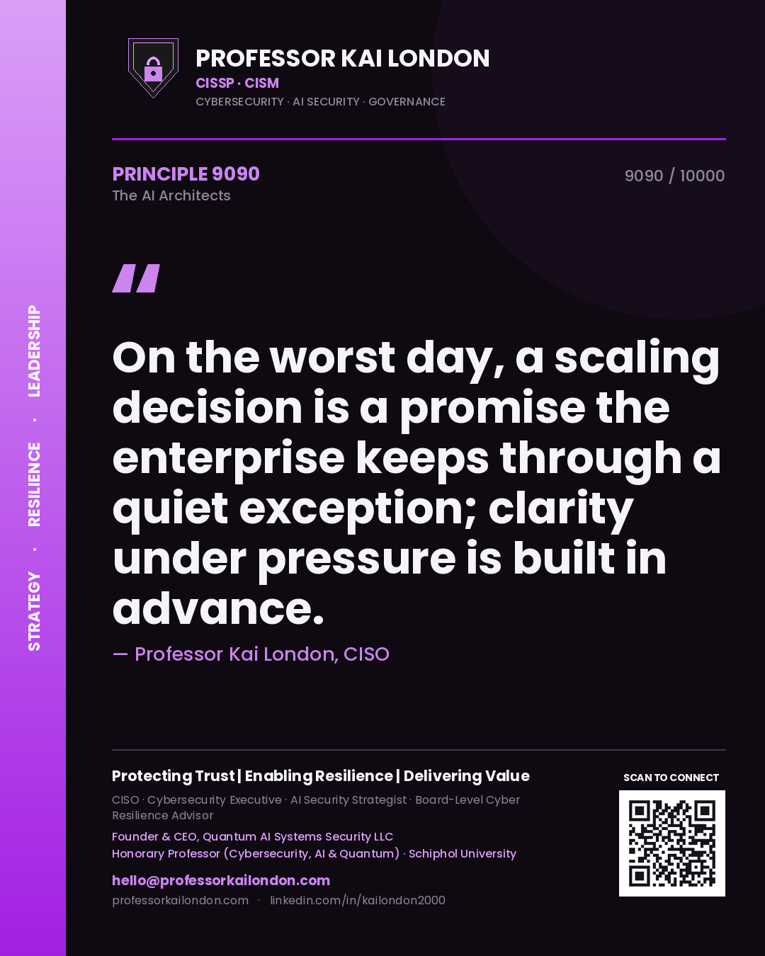 Professor Kai London principle 9090: On the worst day, a scaling decision is a promise the enterprise keeps through a quiet exception; clarity under pressure is built in advance.