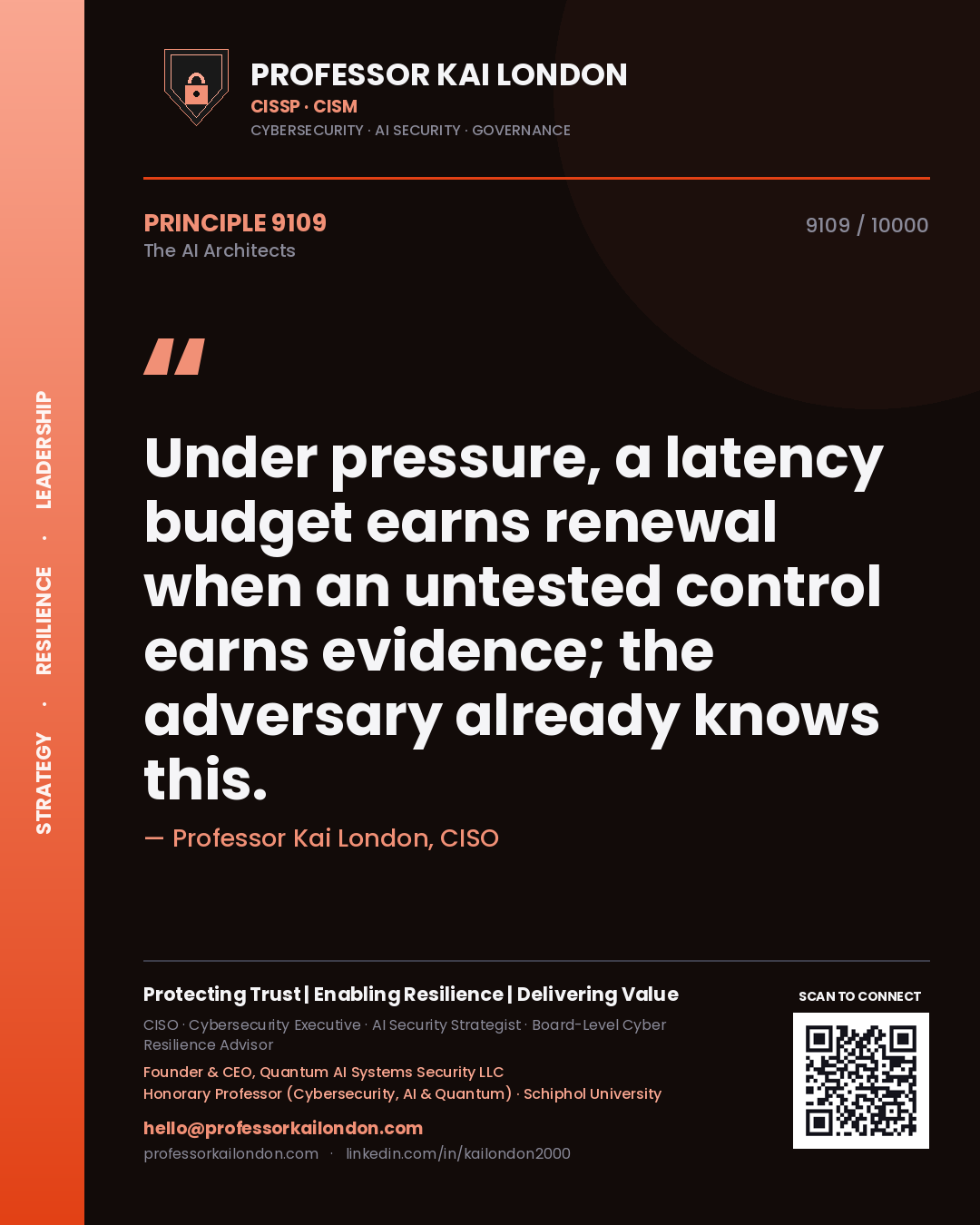 Quote card by Professor Kai London reading 'Under pressure, a latency budget earns renewal when an untested control earns evidence; the adversary already knows this.'. From the book The AI Architects.