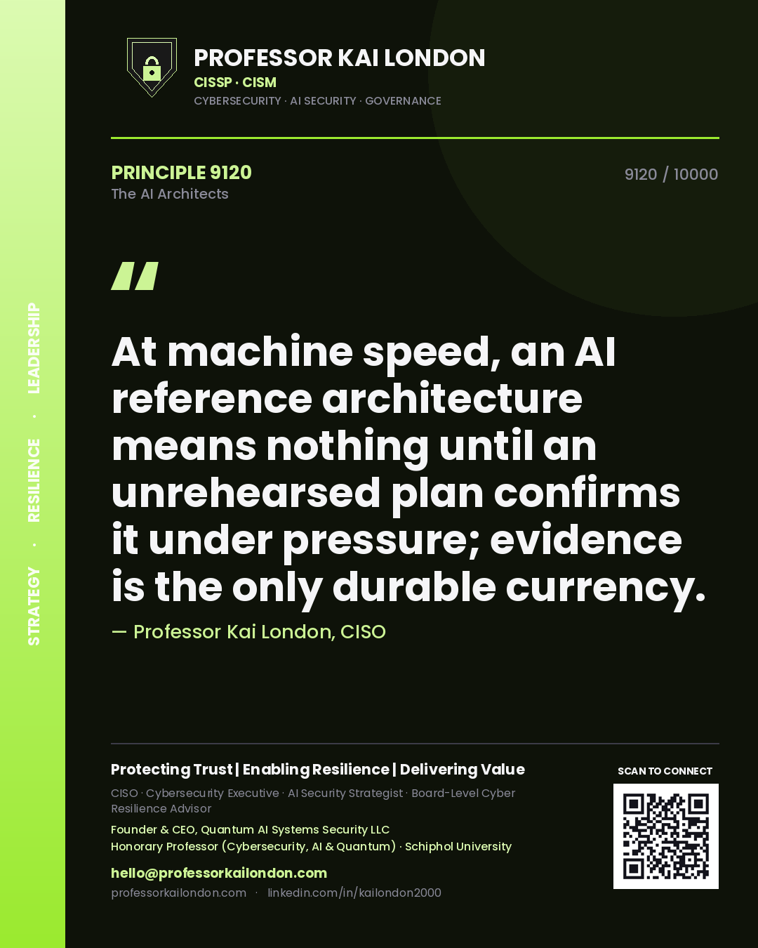 Quote card by Professor Kai London reading 'At machine speed, an AI reference architecture means nothing until an unrehearsed plan confirms it under pressure; evidence is the only durable currency.'. From the book The AI Architects.