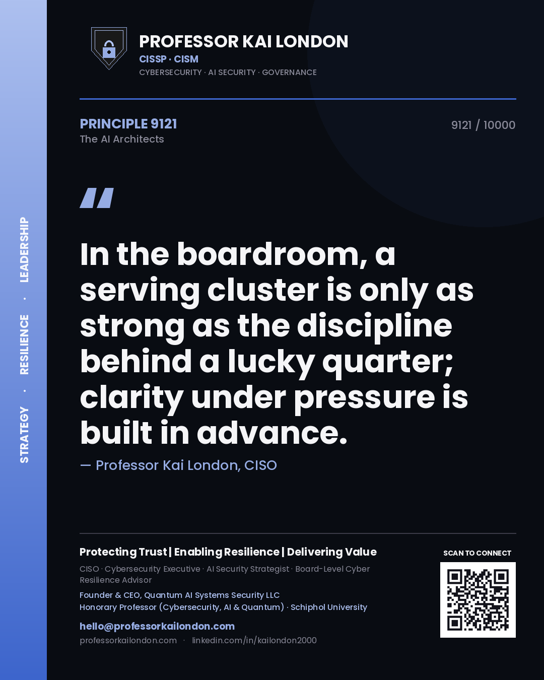 Quote card by Professor Kai London reading 'In the boardroom, a serving cluster is only as strong as the discipline behind a lucky quarter; clarity under pressure is built in advance.'. From the book The AI Architects.
