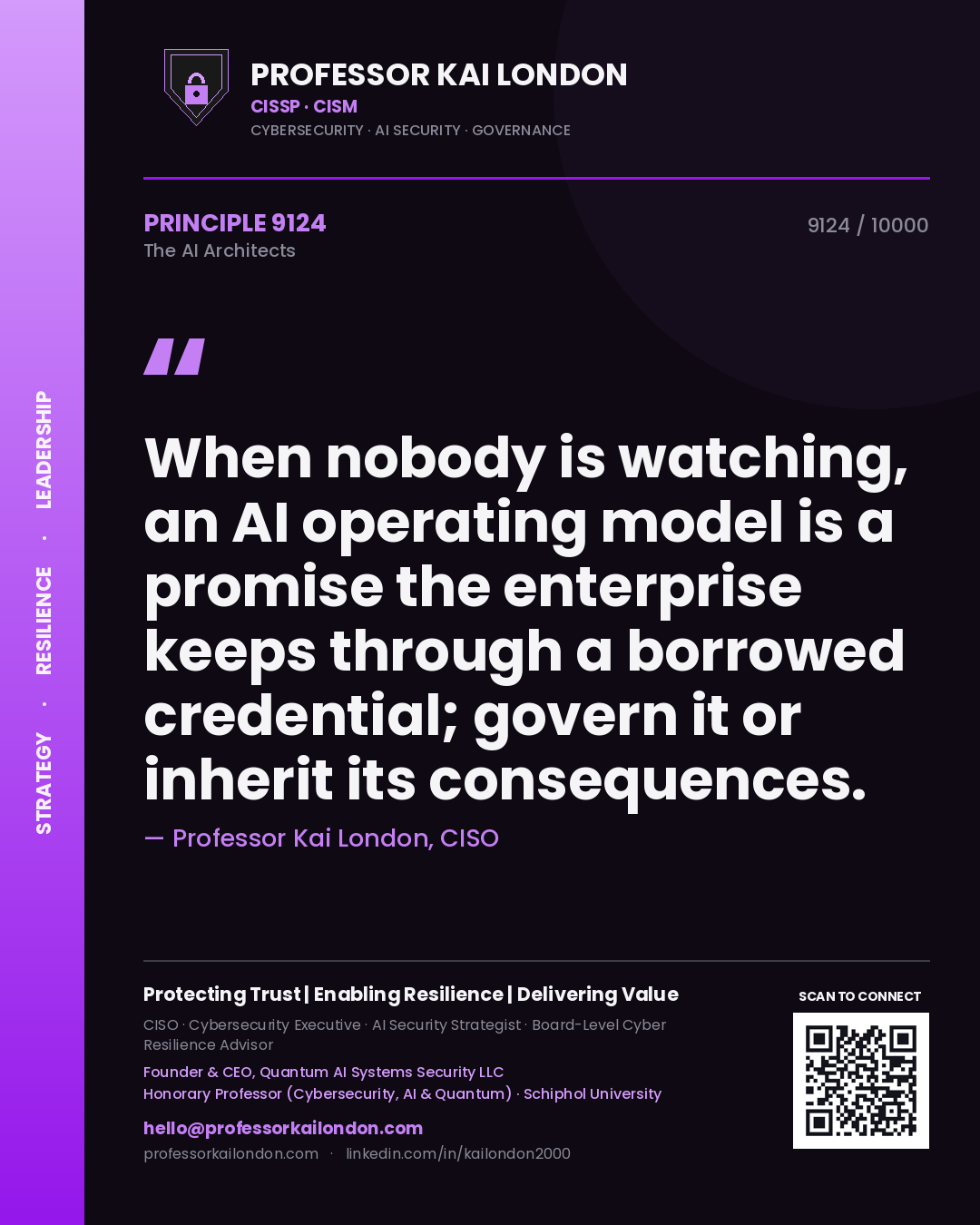 Professor Kai London principle 9124: When nobody is watching, an AI operating model is a promise the enterprise keeps through a borrowed credential; govern it or inherit its consequences.