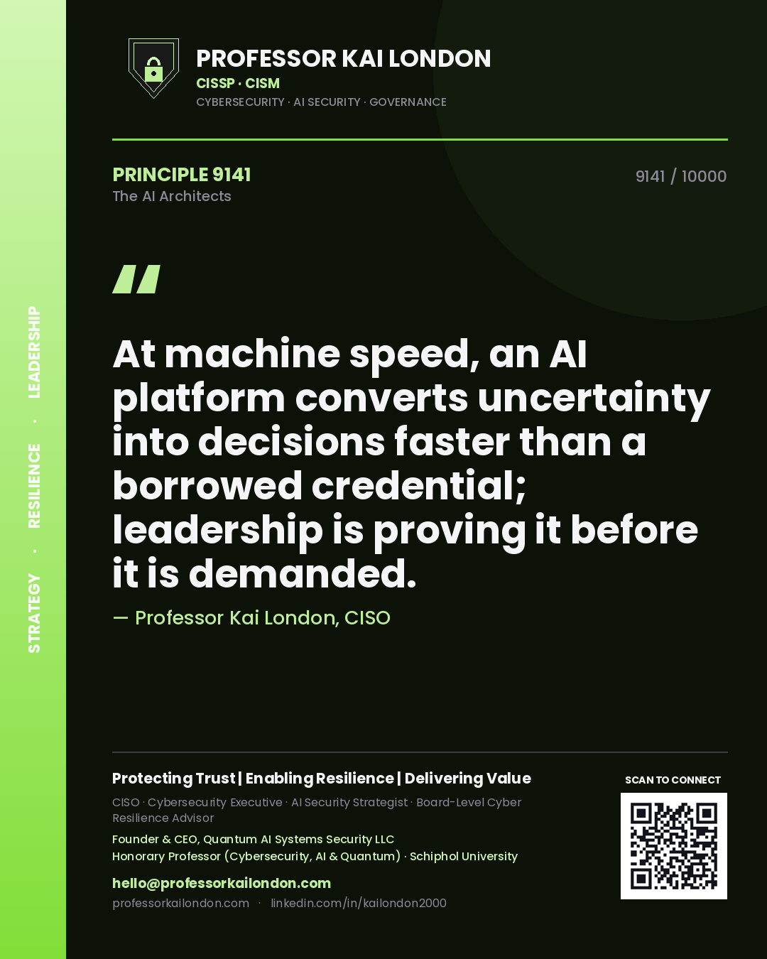 Quote card by Professor Kai London reading 'At machine speed, an AI platform converts uncertainty into decisions faster than a borrowed credential; leadership is proving it before it is demanded.'. From the book The AI Architects.