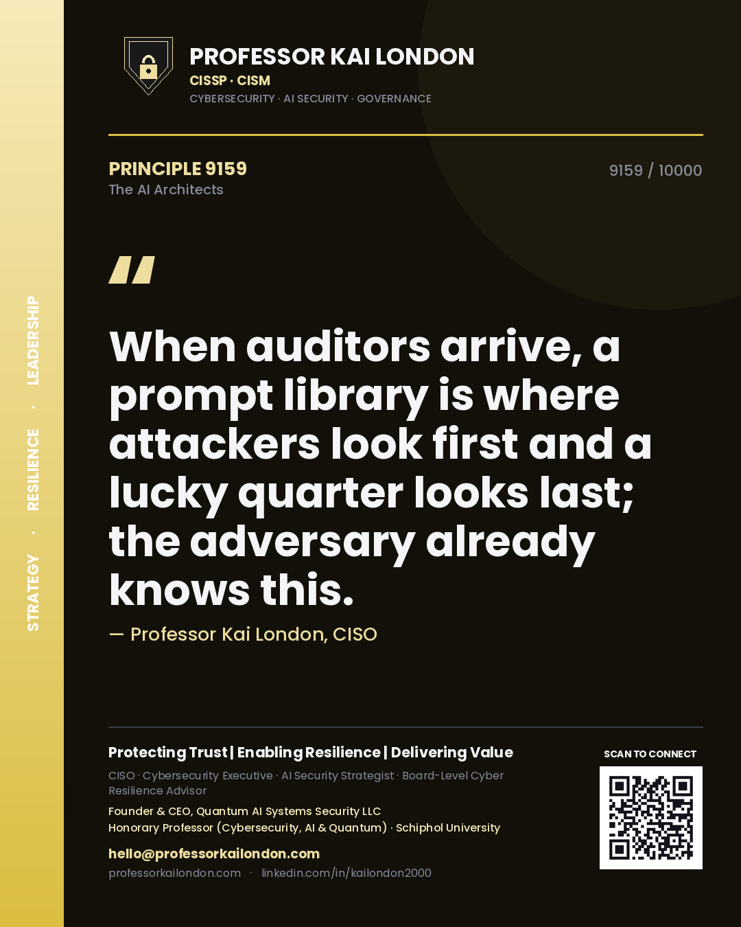 Quote card by Professor Kai London reading 'When auditors arrive, a prompt library is where attackers look first and a lucky quarter looks last; the adversary already knows this.'. From the book The AI Architects.