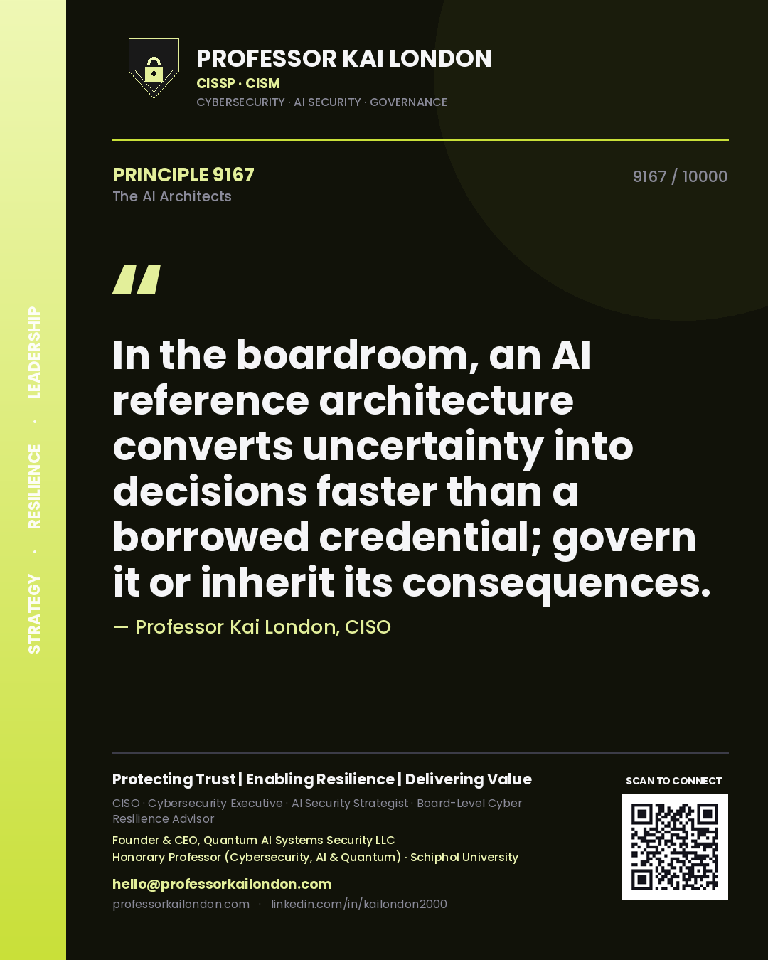 Professor Kai London principle 9167: In the boardroom, an AI reference architecture converts uncertainty into decisions faster than a borrowed credential; govern it or inherit its consequences.