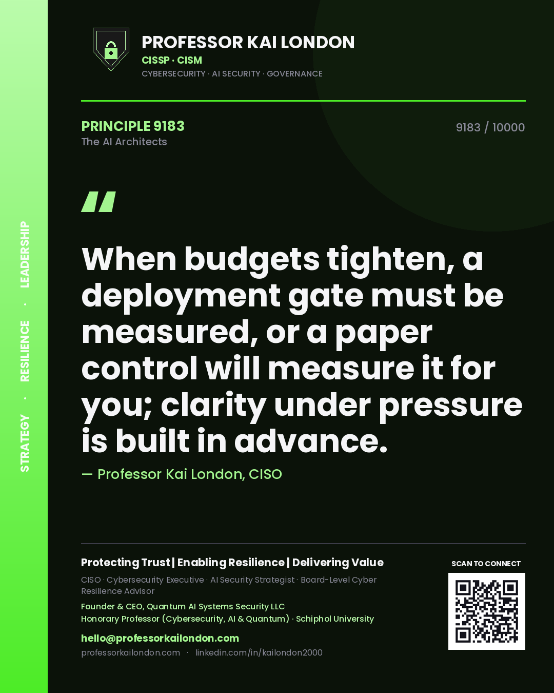 Quote card by Professor Kai London reading 'When budgets tighten, a deployment gate must be measured, or a paper control will measure it for you; clarity under pressure is built in advance.'. From the book The AI Architects.