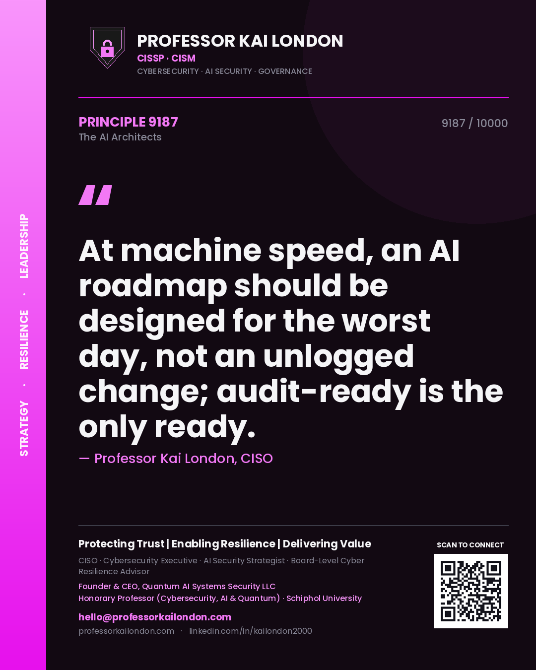 Quote card by Professor Kai London reading 'At machine speed, an AI roadmap should be designed for the worst day, not an unlogged change; audit-ready is the only ready.'. From the book The AI Architects.