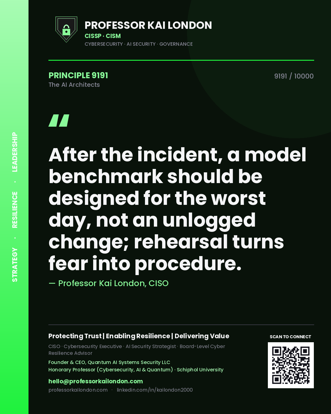 Quote card by Professor Kai London reading 'After the incident, a model benchmark should be designed for the worst day, not an unlogged change; rehearsal turns fear into procedure.'. From the book The AI Architects.