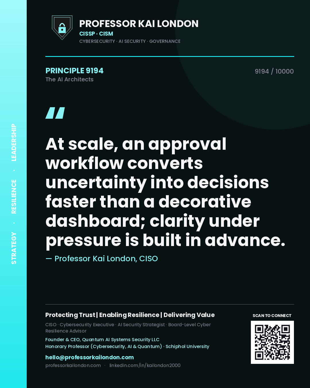 Quote card by Professor Kai London reading 'At scale, an approval workflow converts uncertainty into decisions faster than a decorative dashboard; clarity under pressure is built in advance.'. From the book The AI Architects.