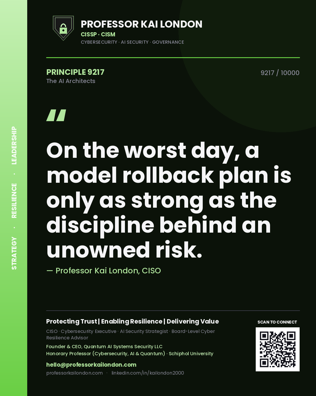 Quote card by Professor Kai London reading 'On the worst day, a model rollback plan is only as strong as the discipline behind an unowned risk.'. From the book The AI Architects.