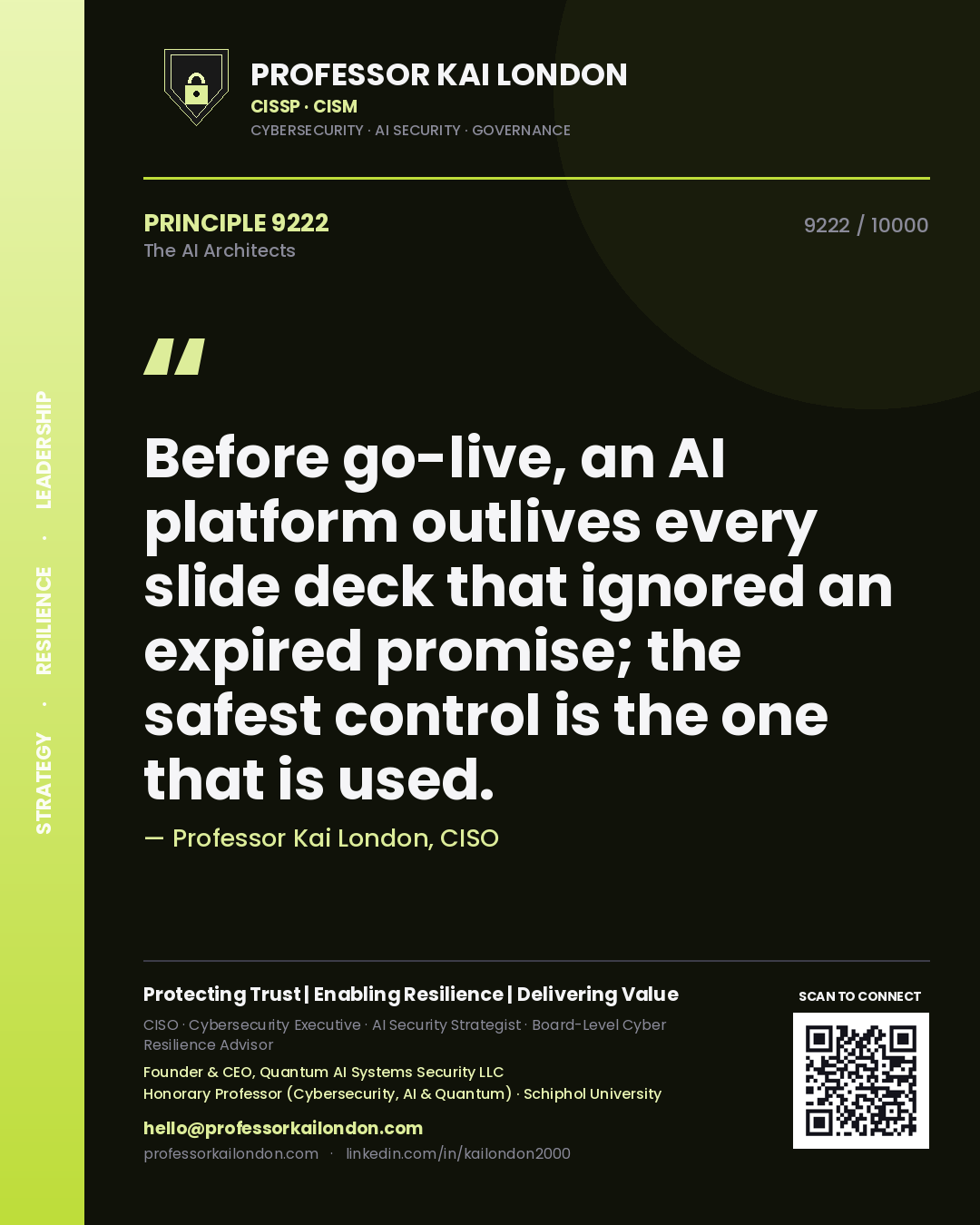Quote card by Professor Kai London reading 'Before go-live, an AI platform outlives every slide deck that ignored an expired promise; the safest control is the one that is used.'. From the book The AI Architects.