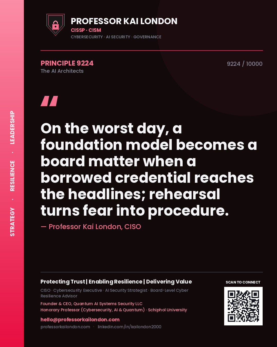 Quote card by Professor Kai London reading 'On the worst day, a foundation model becomes a board matter when a borrowed credential reaches the headlines; rehearsal turns fear into procedure.'. From the book The AI Architects.