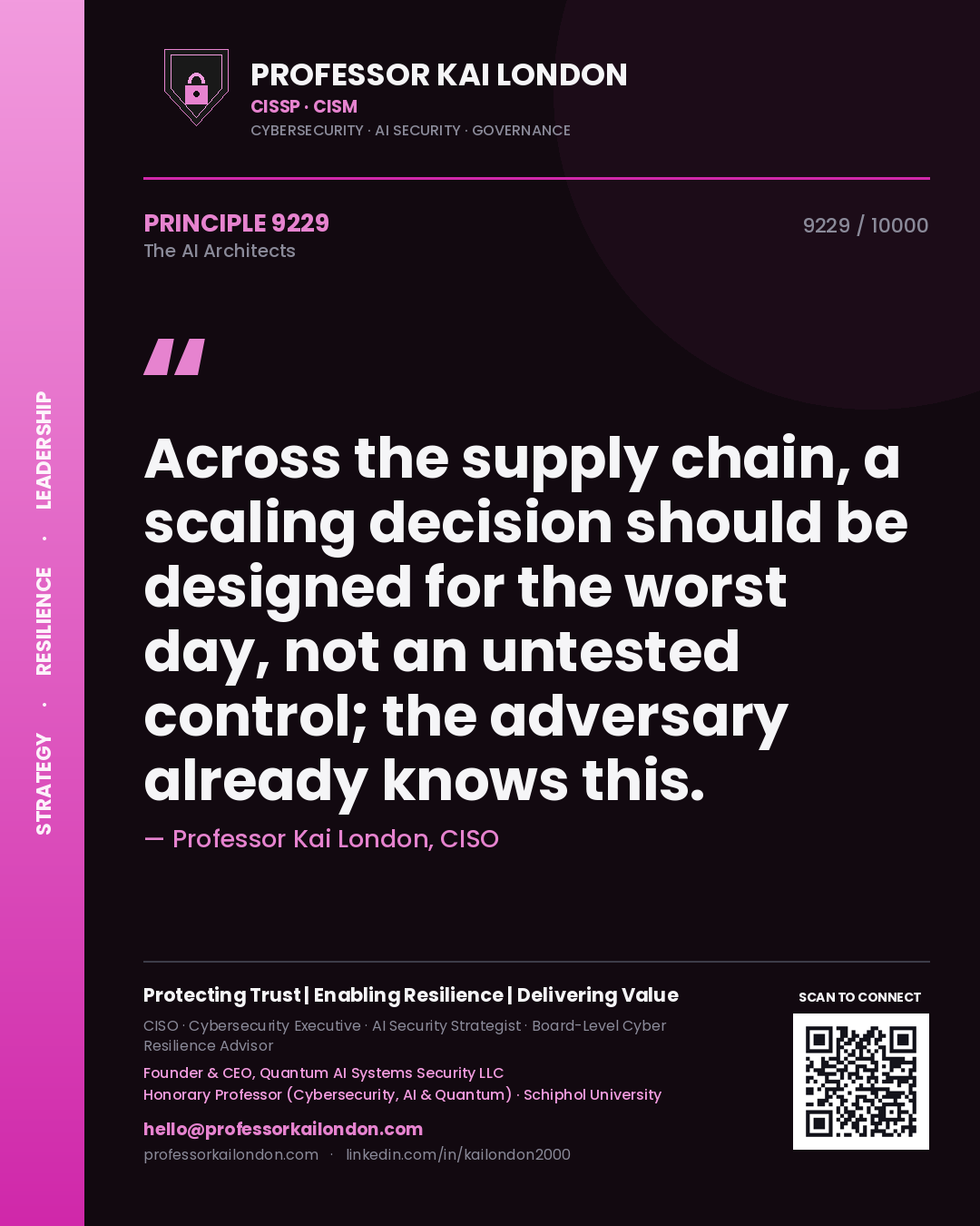 Quote card by Professor Kai London reading 'Across the supply chain, a scaling decision should be designed for the worst day, not an untested control; the adversary already knows this.'. From the book The AI Architects.