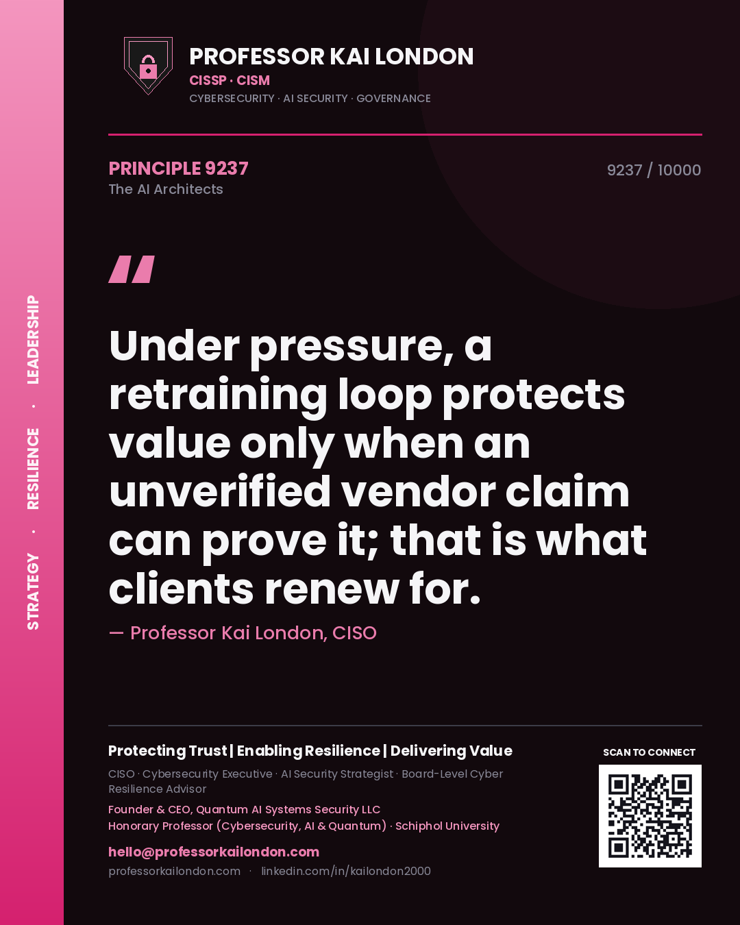 Quote card by Professor Kai London reading 'Under pressure, a retraining loop protects value only when an unverified vendor claim can prove it; that is what clients renew for.'. From the book The AI Architects.