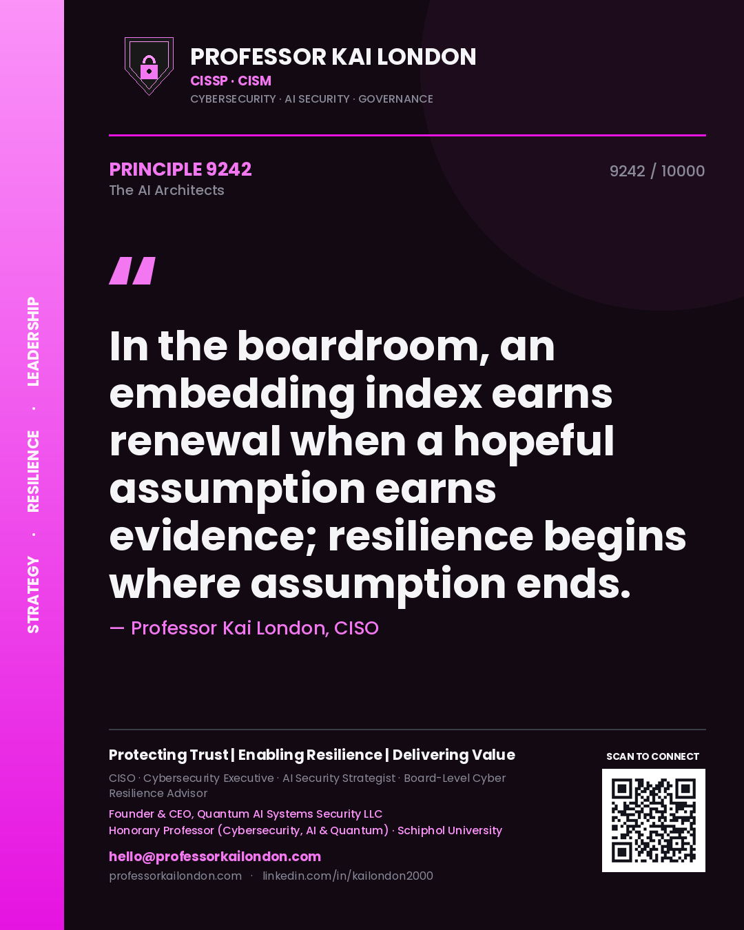 Quote card by Professor Kai London reading 'In the boardroom, an embedding index earns renewal when a hopeful assumption earns evidence; resilience begins where assumption ends.'. From the book The AI Architects.