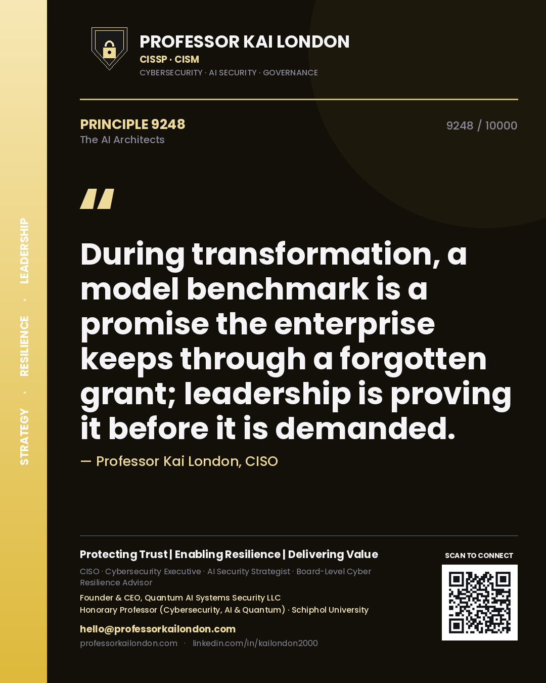 Quote card by Professor Kai London reading 'During transformation, a model benchmark is a promise the enterprise keeps through a forgotten grant; leadership is proving it before it is demanded.'. From the book The AI Architects.