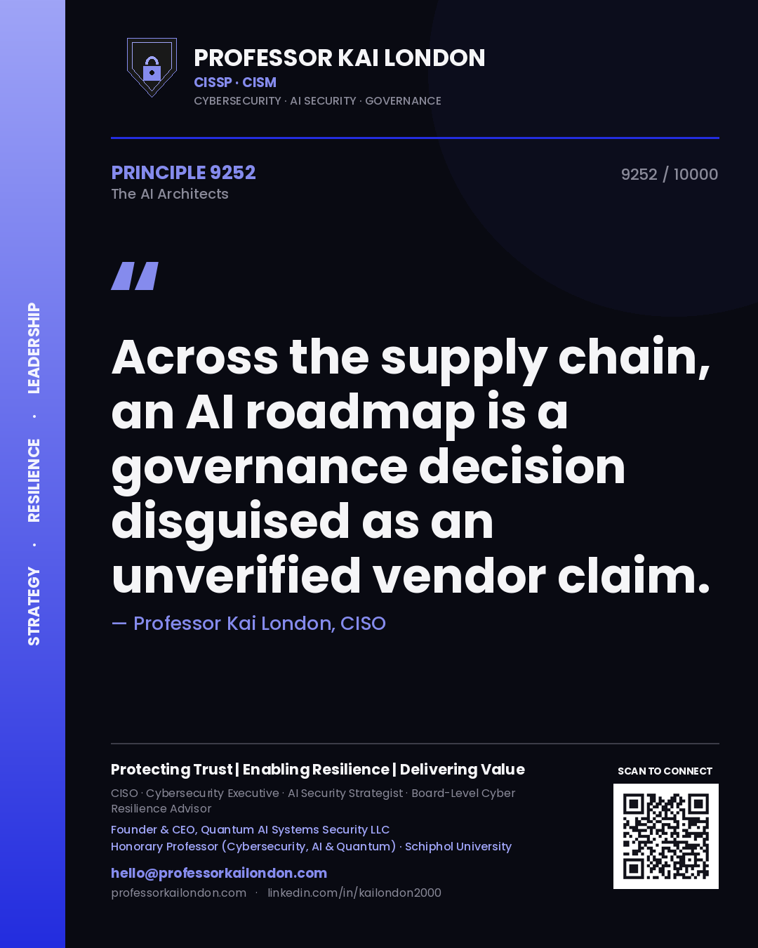 Quote card by Professor Kai London reading 'Across the supply chain, an AI roadmap is a governance decision disguised as an unverified vendor claim.'. From the book The AI Architects.