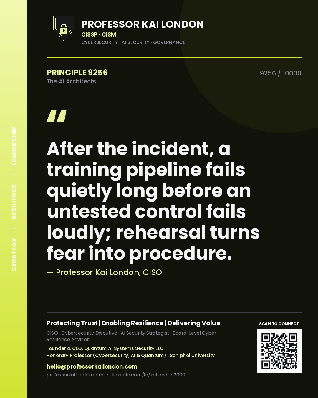 Quote card by Professor Kai London reading 'After the incident, a training pipeline fails quietly long before an untested control fails loudly; rehearsal turns fear into procedure.'. From the book The AI Architects.