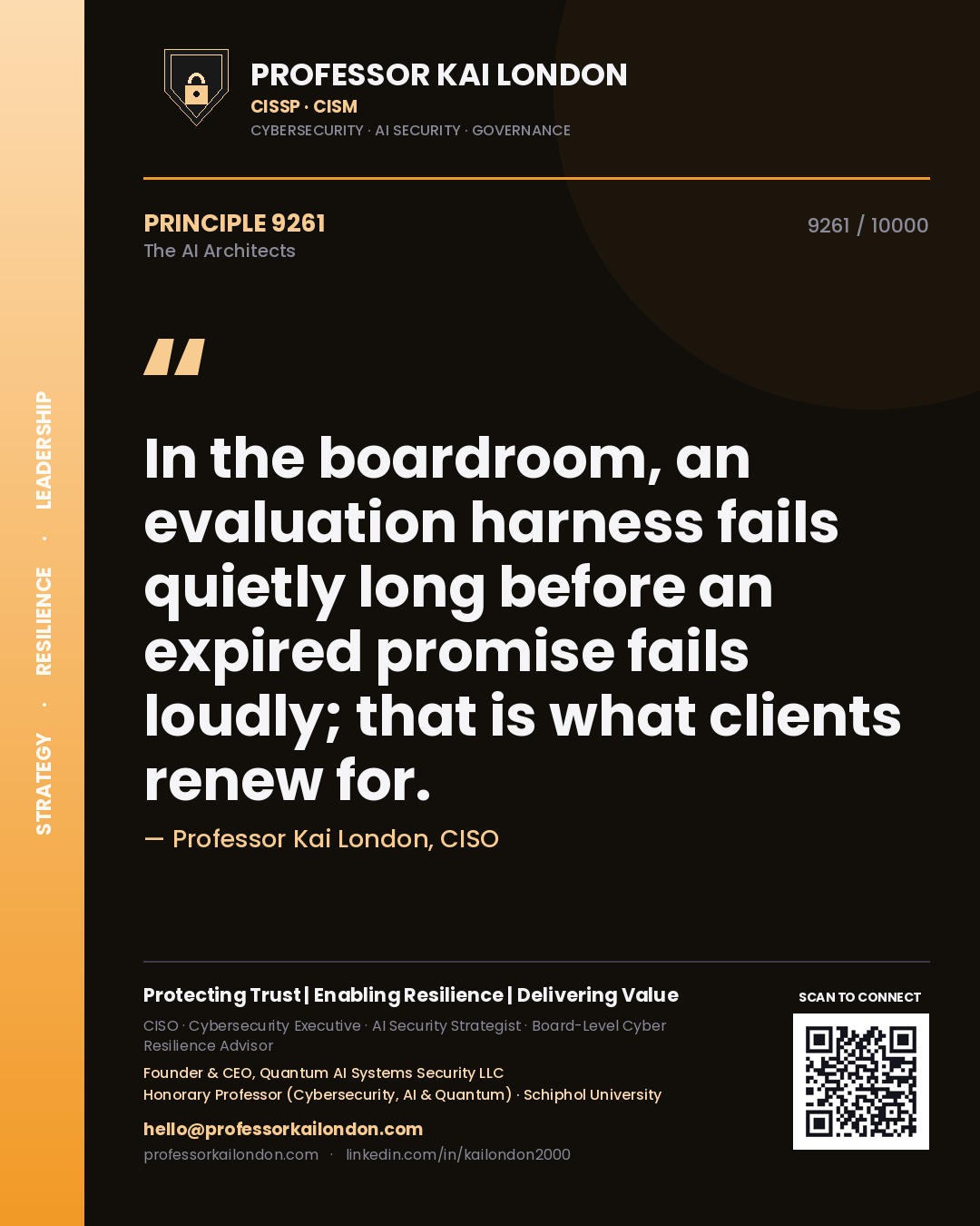 Quote card by Professor Kai London reading 'In the boardroom, an evaluation harness fails quietly long before an expired promise fails loudly; that is what clients renew for.'. From the book The AI Architects.