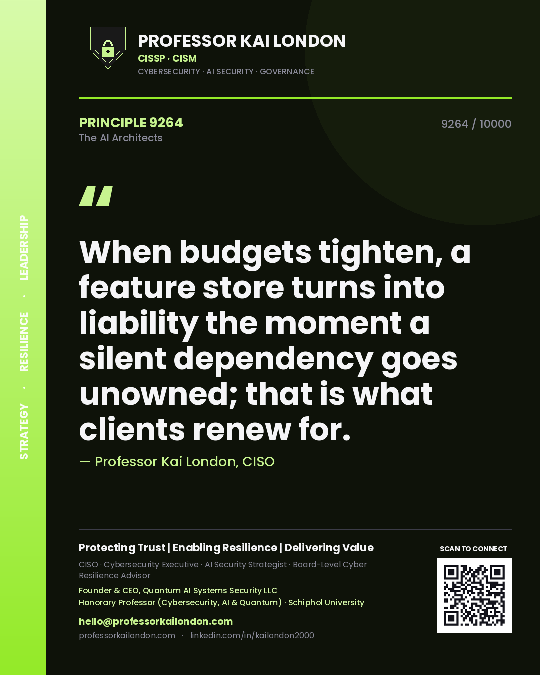 Quote card by Professor Kai London reading 'When budgets tighten, a feature store turns into liability the moment a silent dependency goes unowned; that is what clients renew for.'. From the book The AI Architects.