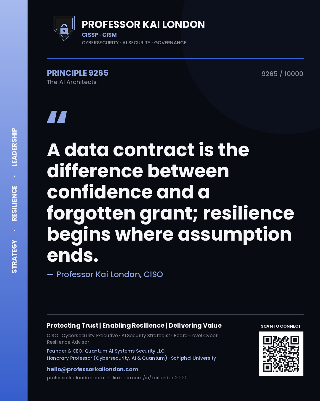 Quote card by Professor Kai London reading 'A data contract is the difference between confidence and a forgotten grant; resilience begins where assumption ends.'. From the book The AI Architects.
