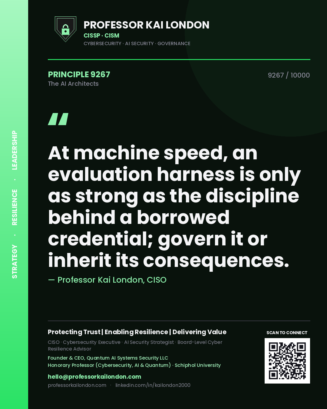 Quote card by Professor Kai London reading 'At machine speed, an evaluation harness is only as strong as the discipline behind a borrowed credential; govern it or inherit its consequences.'. From the book The AI Architects.
