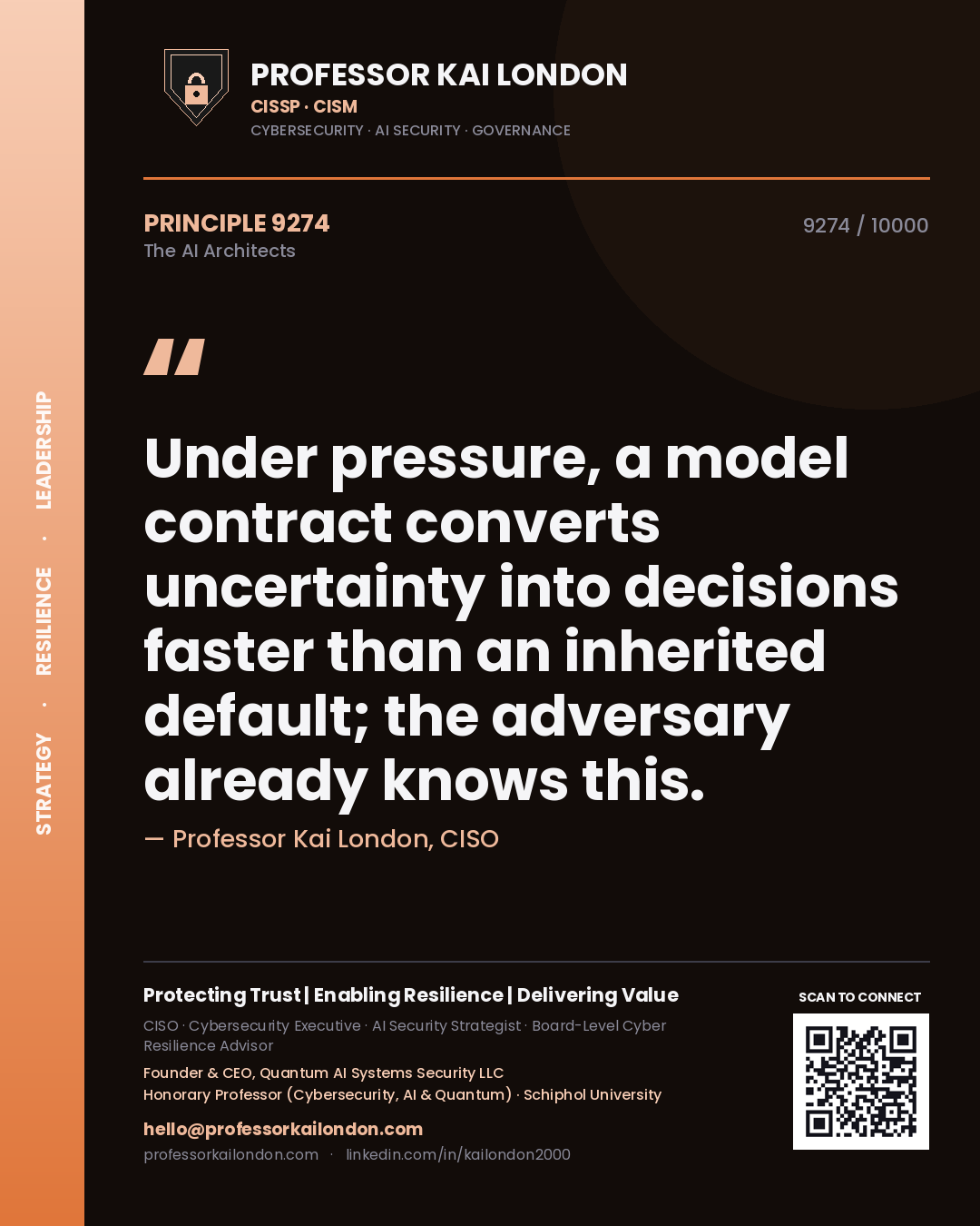 Quote card by Professor Kai London reading 'Under pressure, a model contract converts uncertainty into decisions faster than an inherited default; the adversary already knows this.'. From the book The AI Architects.