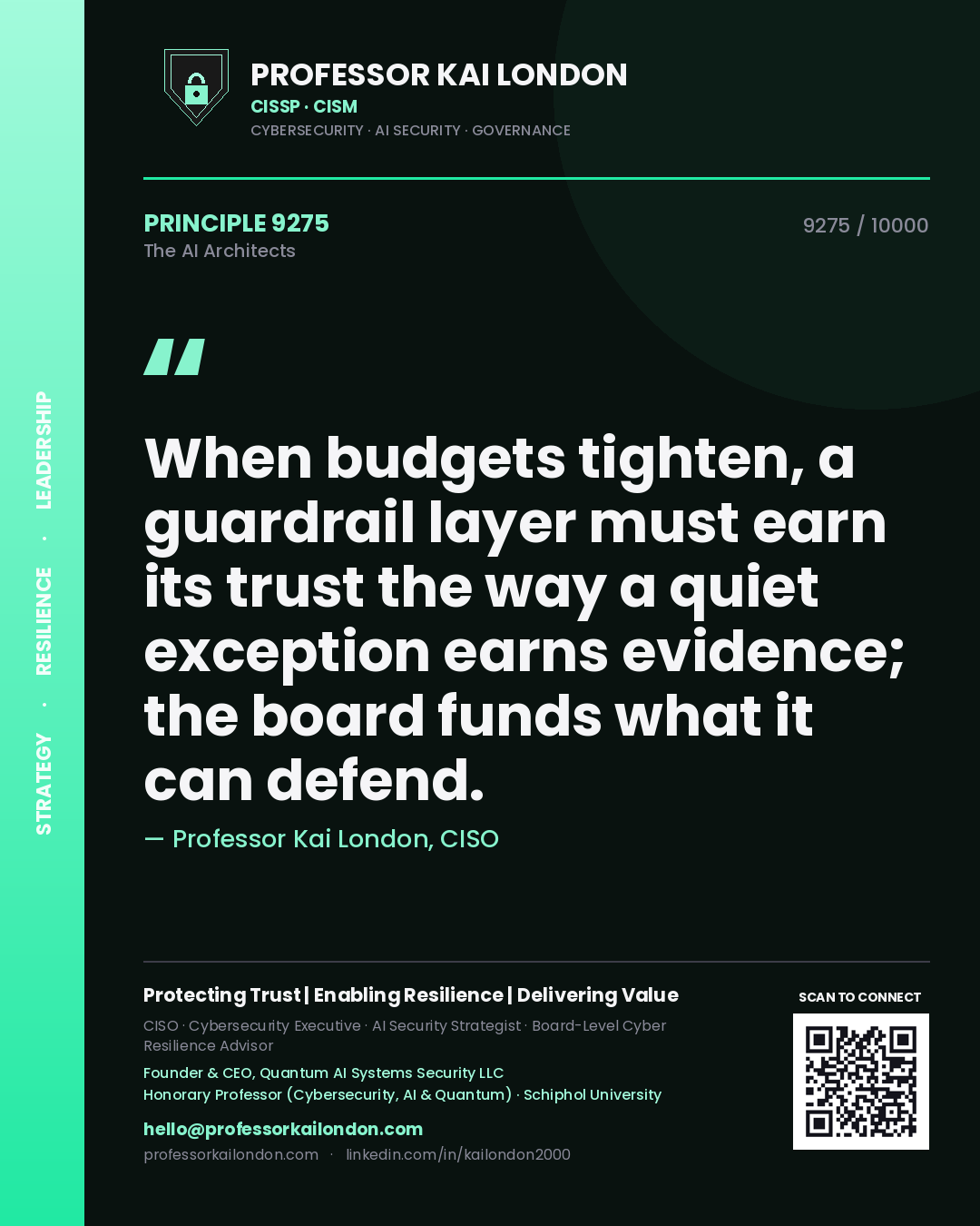 Quote card by Professor Kai London reading 'When budgets tighten, a guardrail layer must earn its trust the way a quiet exception earns evidence; the board funds what it can defend.'. From the book The AI Architects.