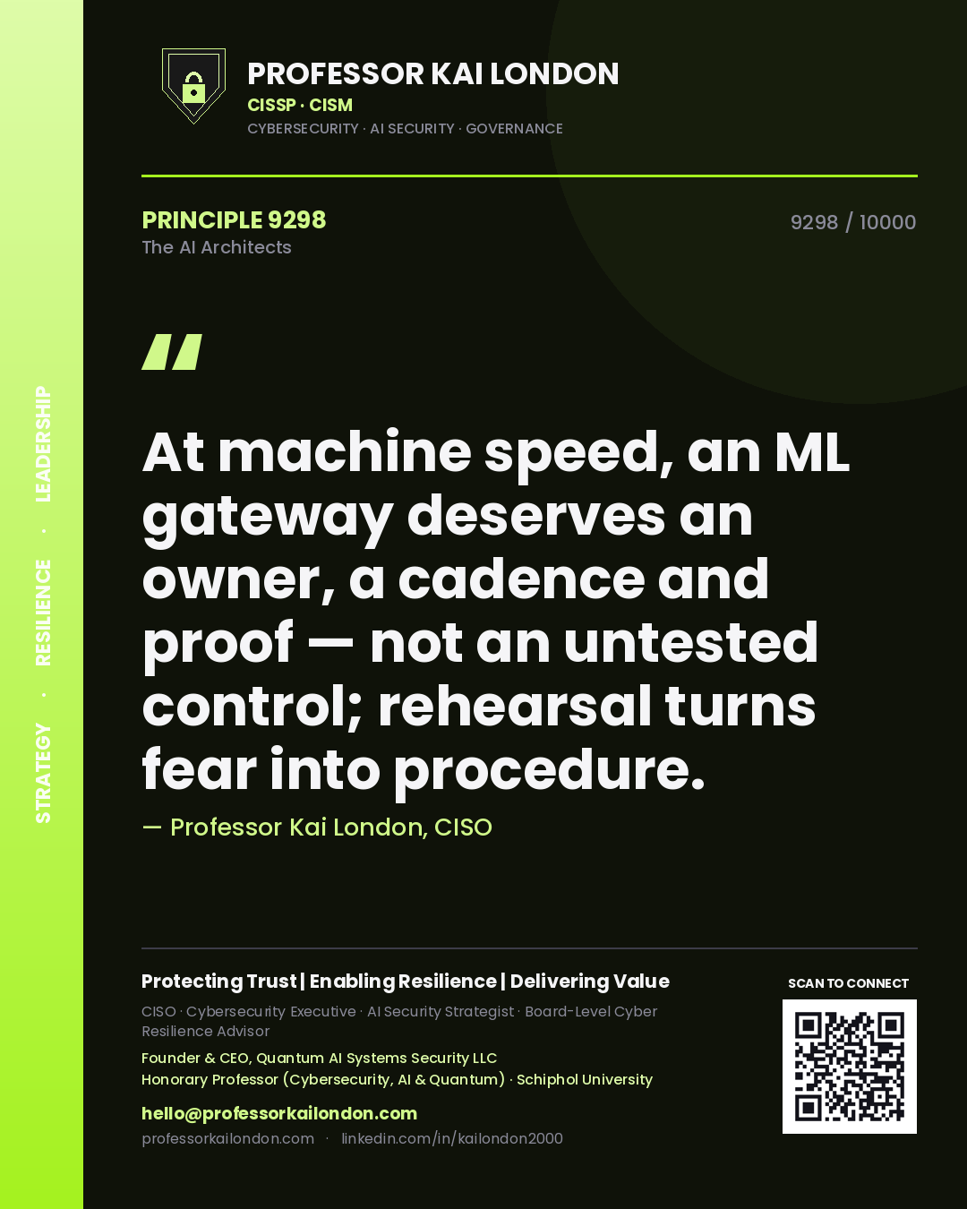 Quote card by Professor Kai London reading 'At machine speed, an ML gateway deserves an owner, a cadence and proof — not an untested control; rehearsal turns fear into procedure.'. From the book The AI Architects.