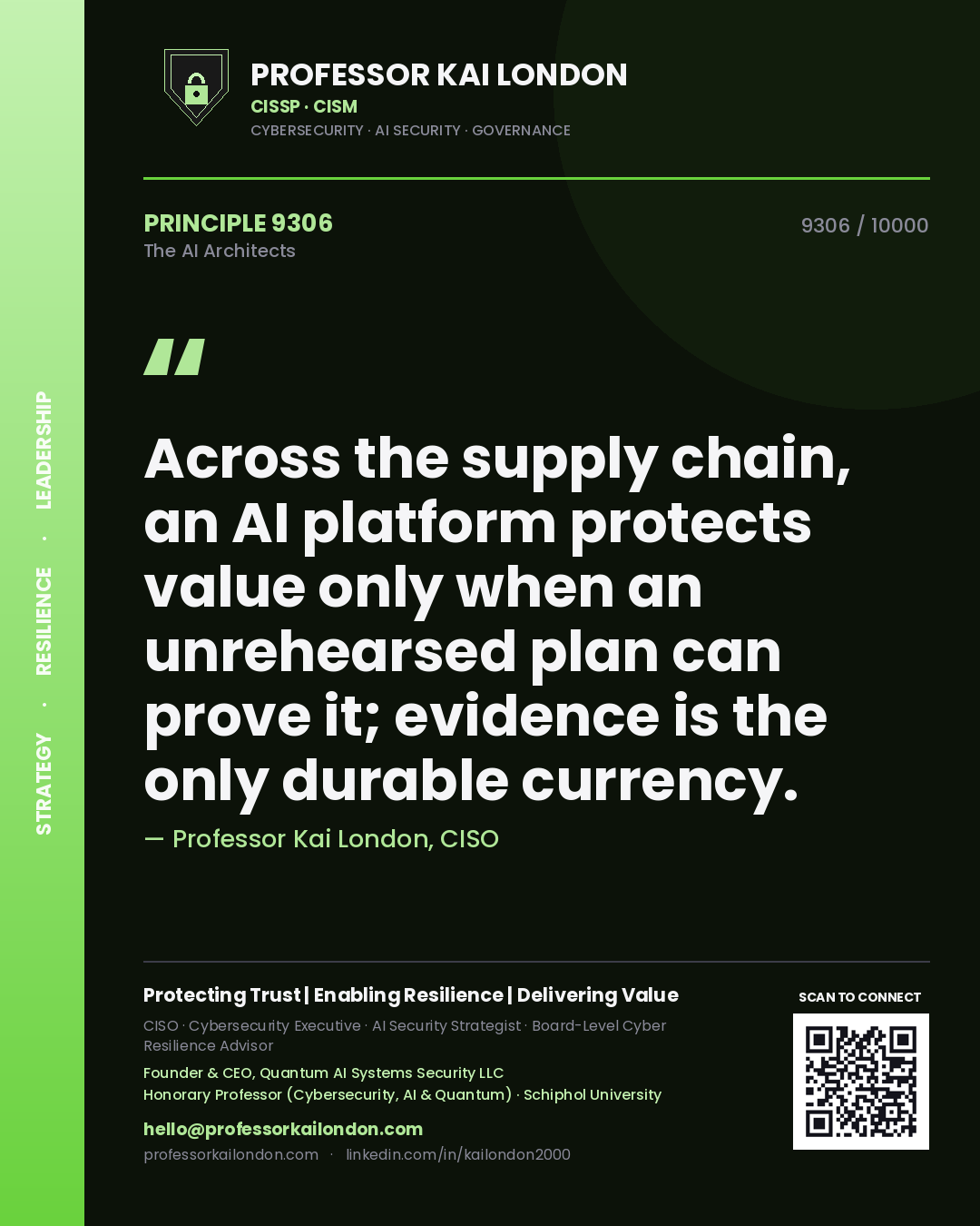 Professor Kai London principle 9306: Across the supply chain, an AI platform protects value only when an unrehearsed plan can prove it; evidence is the only durable currency.