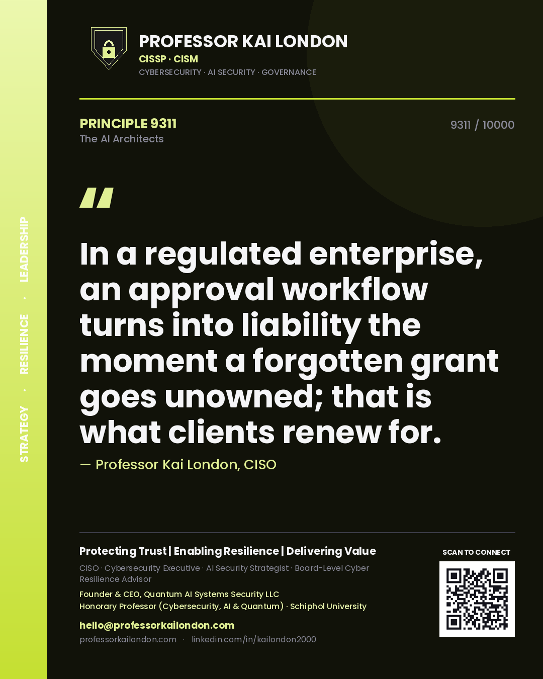 Professor Kai London principle 9311: In a regulated enterprise, an approval workflow turns into liability the moment a forgotten grant goes unowned; that is what clients renew for.