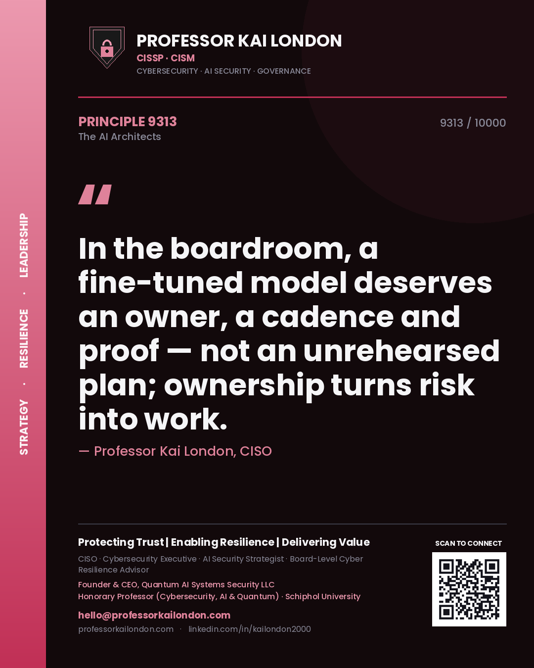 Professor Kai London principle 9313: In the boardroom, a fine-tuned model deserves an owner, a cadence and proof — not an unrehearsed plan; ownership turns risk into work.