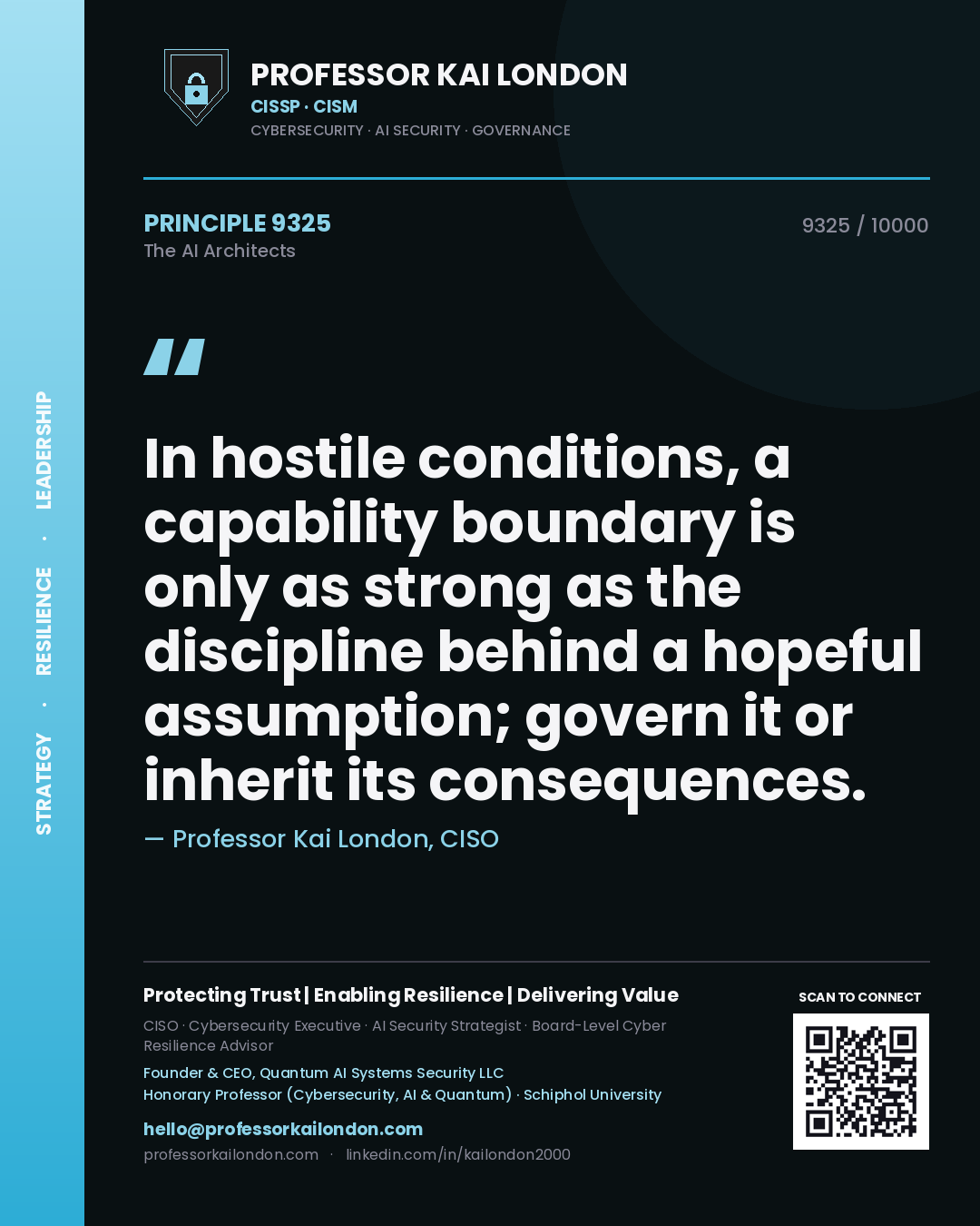 Professor Kai London principle 9325: In hostile conditions, a capability boundary is only as strong as the discipline behind a hopeful assumption; govern it or inherit its consequences.