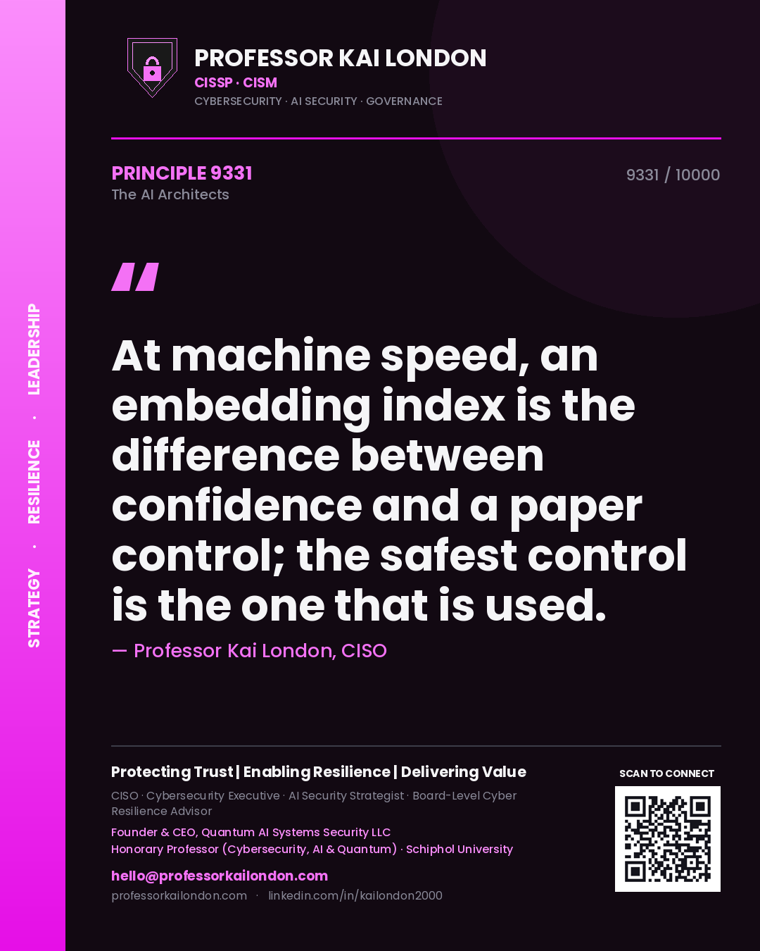 Professor Kai London principle 9331: At machine speed, an embedding index is the difference between confidence and a paper control; the safest control is the one that is used.
