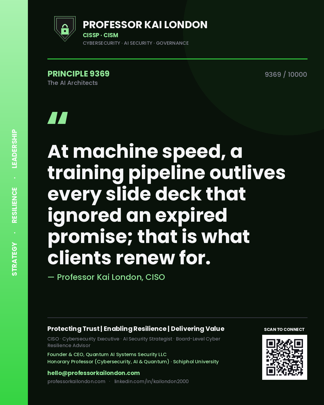 Quote card by Professor Kai London reading 'At machine speed, a training pipeline outlives every slide deck that ignored an expired promise; that is what clients renew for.'. From the book The AI Architects.