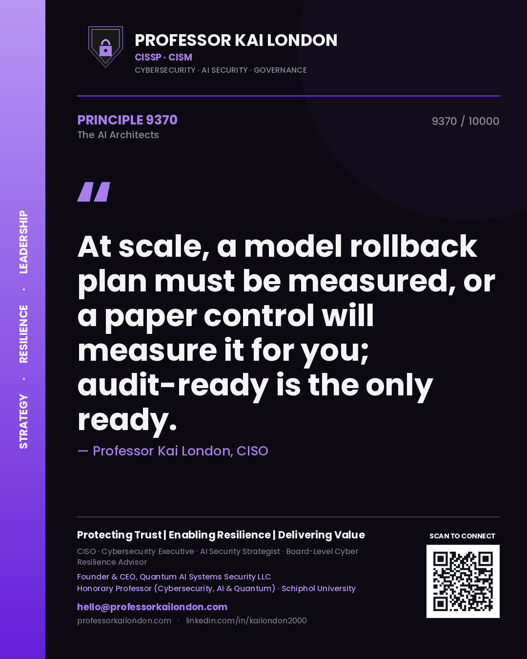 Professor Kai London principle 9370: At scale, a model rollback plan must be measured, or a paper control will measure it for you; audit-ready is the only ready.