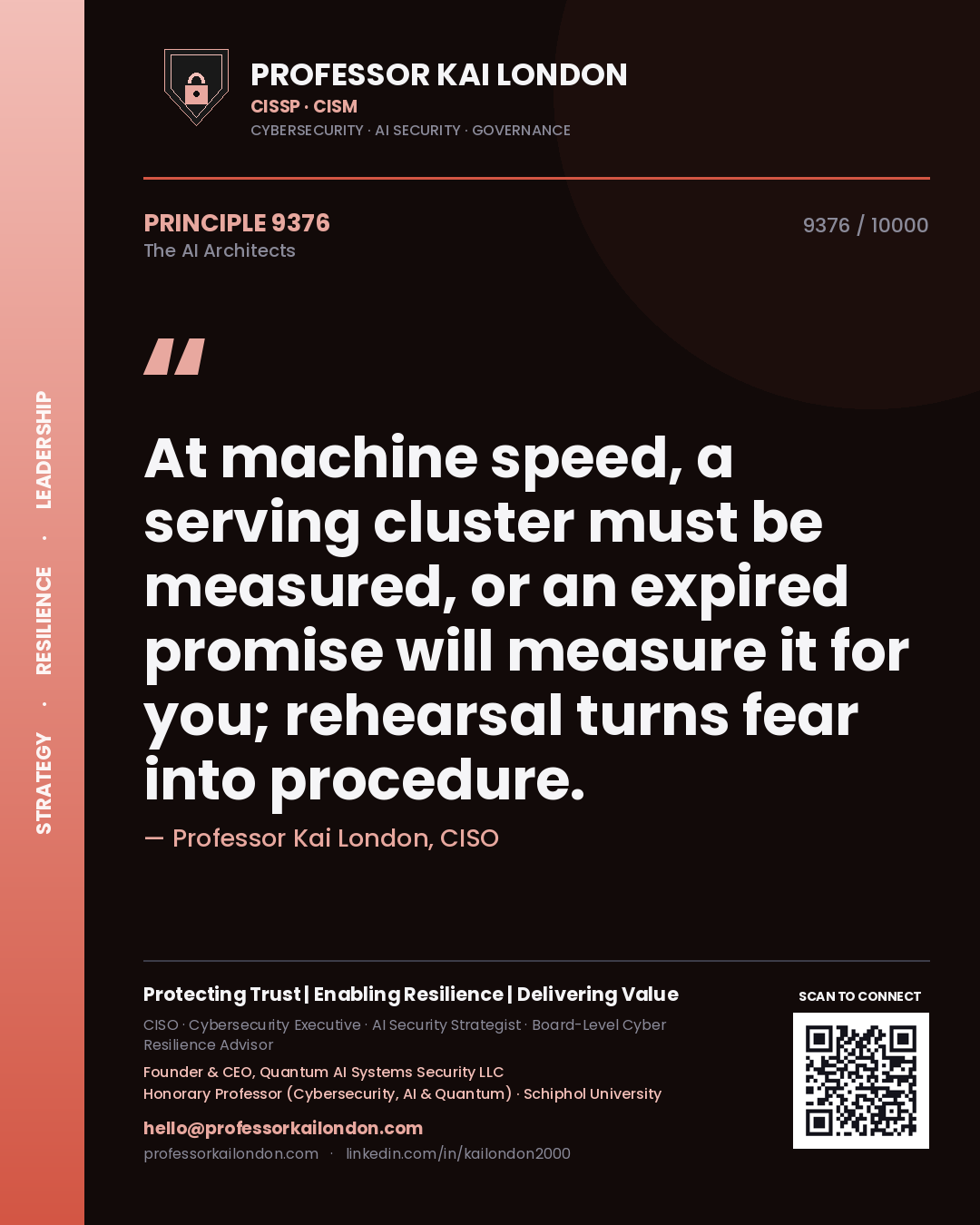 Professor Kai London principle 9376: At machine speed, a serving cluster must be measured, or an expired promise will measure it for you; rehearsal turns fear into procedure.