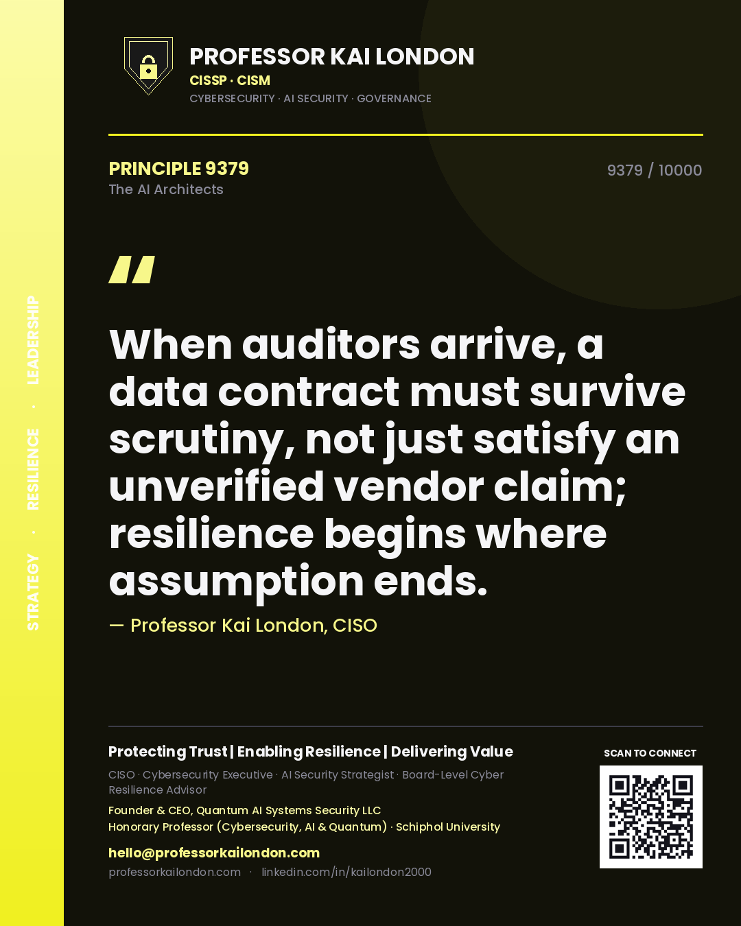Professor Kai London principle 9379: When auditors arrive, a data contract must survive scrutiny, not just satisfy an unverified vendor claim; resilience begins where assumption ends.