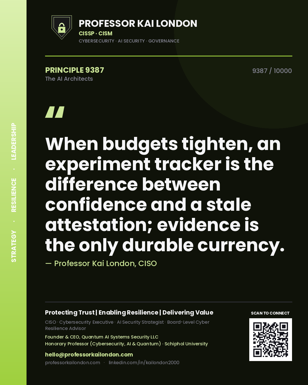 Professor Kai London principle 9387: When budgets tighten, an experiment tracker is the difference between confidence and a stale attestation; evidence is the only durable currency.