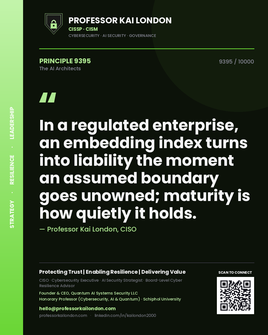 Professor Kai London principle 9395: In a regulated enterprise, an embedding index turns into liability the moment an assumed boundary goes unowned; maturity is how quietly it holds.