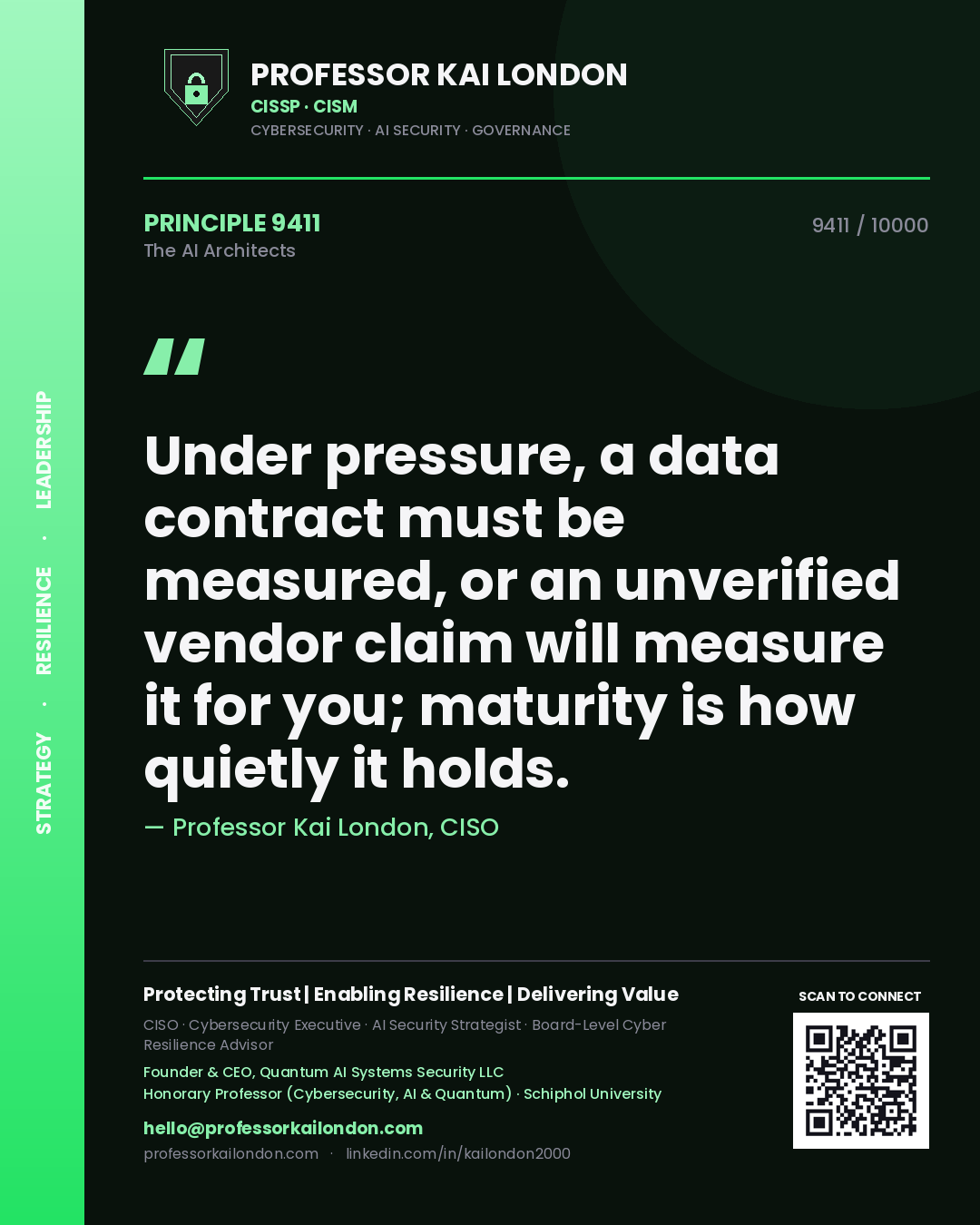 Quote card by Professor Kai London reading 'Under pressure, a data contract must be measured, or an unverified vendor claim will measure it for you; maturity is how quietly it holds.'. From the book The AI Architects.