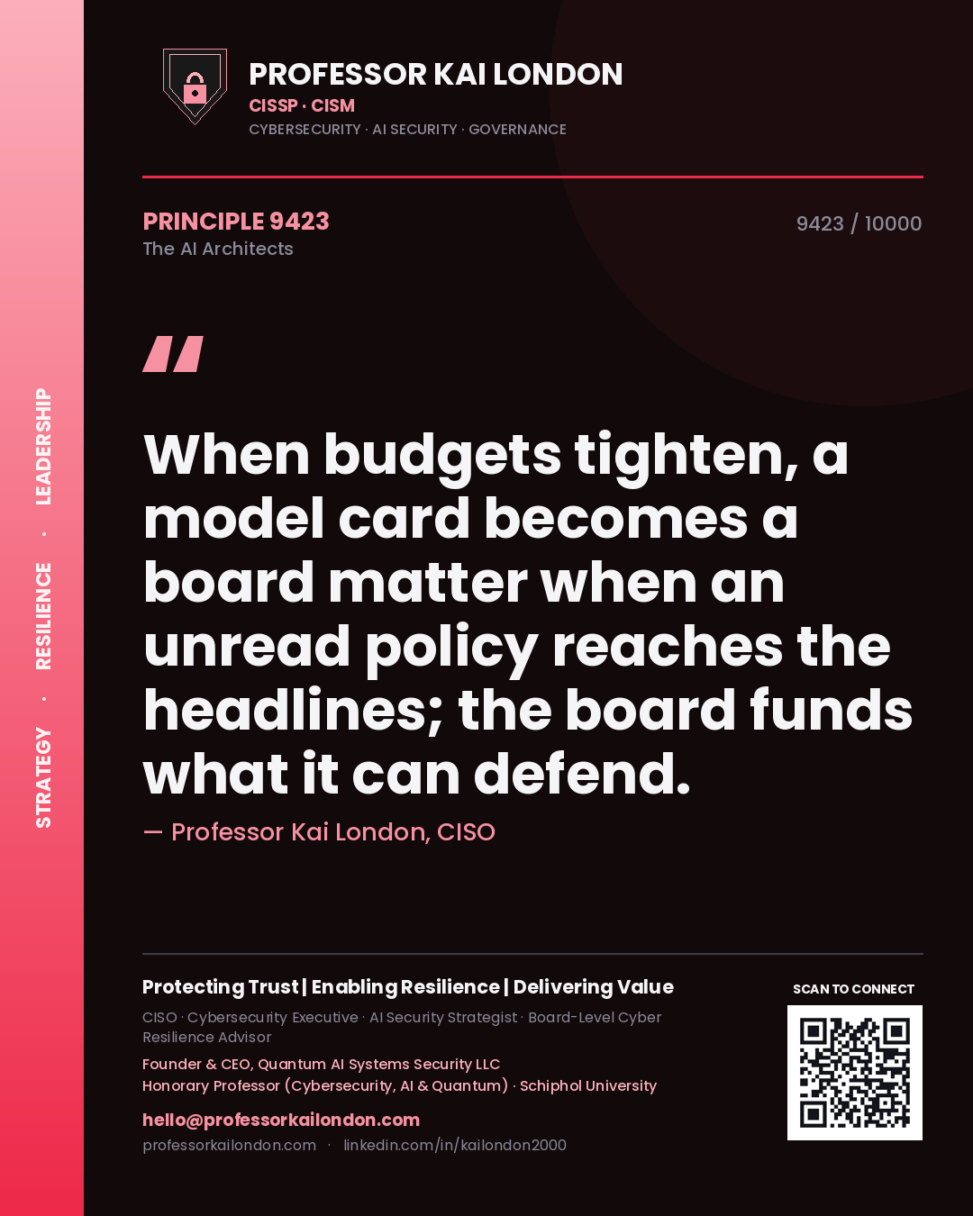 Quote card by Professor Kai London reading 'When budgets tighten, a model card becomes a board matter when an unread policy reaches the headlines; the board funds what it can defend.'. From the book The AI Architects.