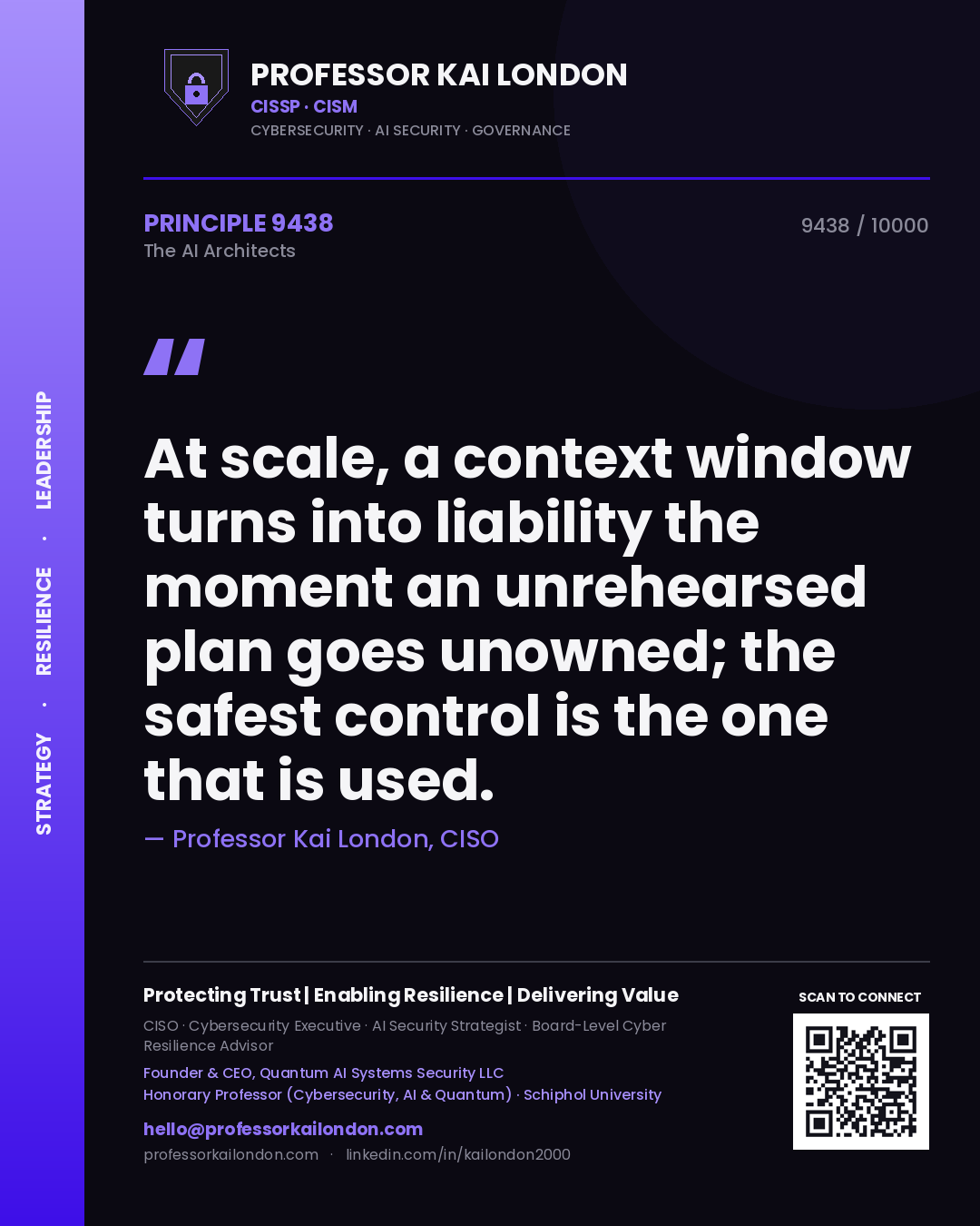 Quote card by Professor Kai London reading 'At scale, a context window turns into liability the moment an unrehearsed plan goes unowned; the safest control is the one that is used.'. From the book The AI Architects.