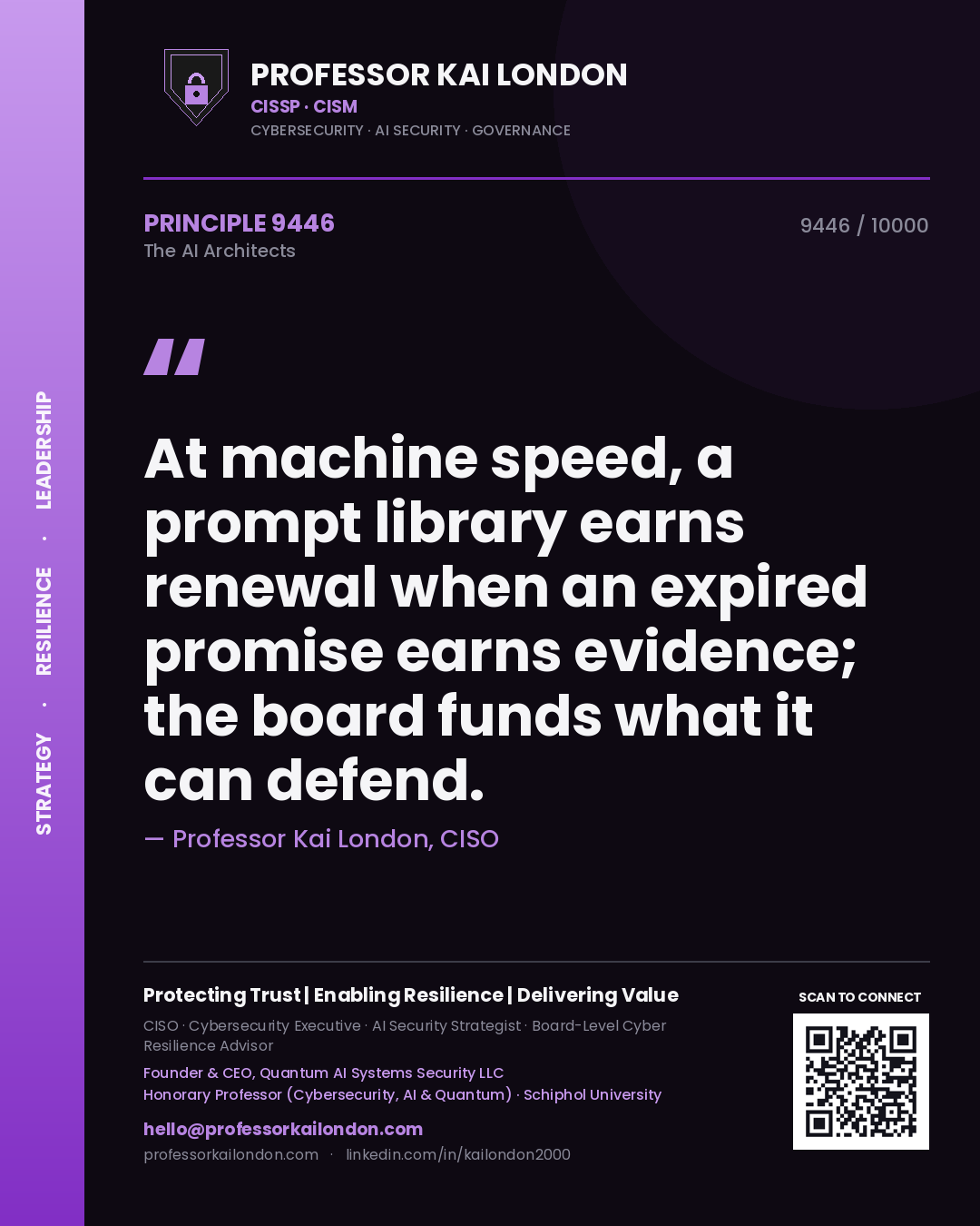 Quote card by Professor Kai London reading 'At machine speed, a prompt library earns renewal when an expired promise earns evidence; the board funds what it can defend.'. From the book The AI Architects.